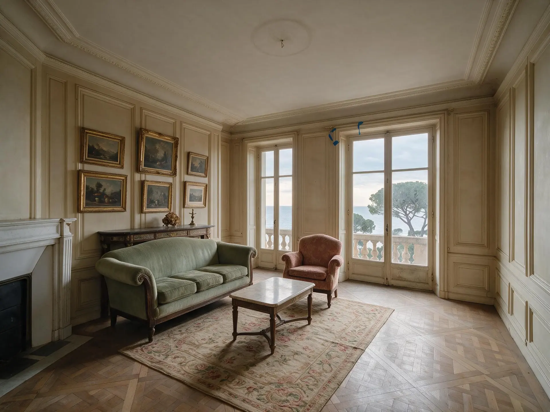 Before and after of an empty Belle Époque hotel suite salon on Cap-Ferrat, virtually staged.
