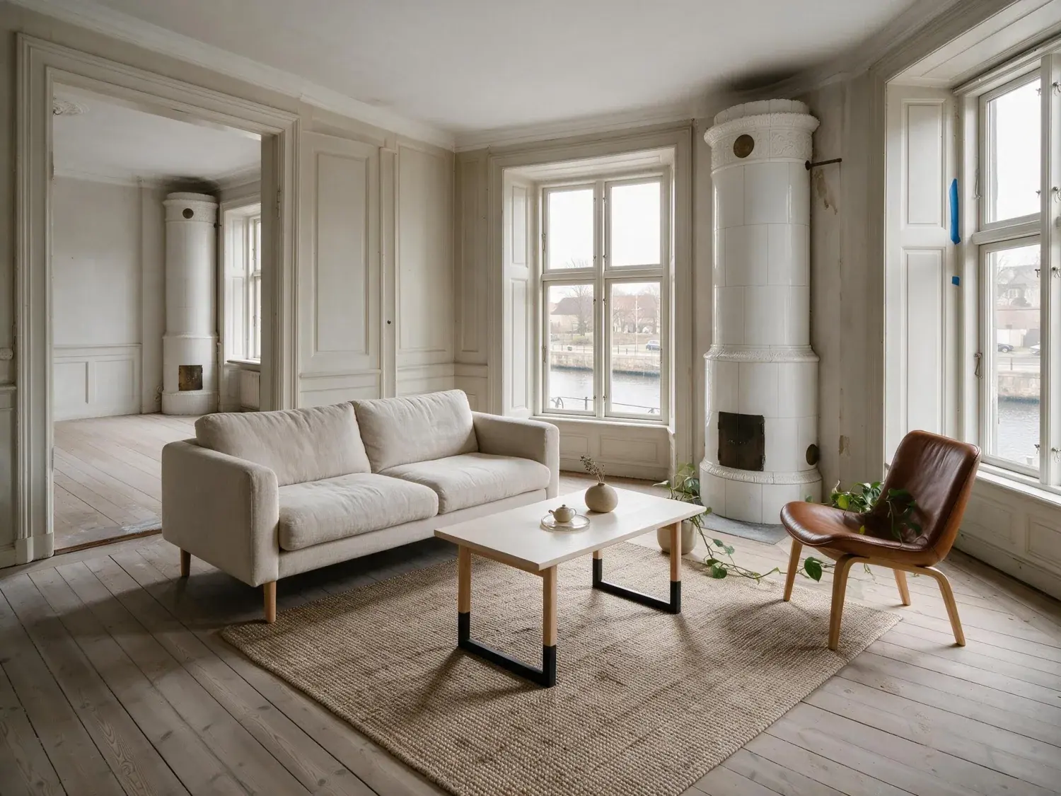 Before and after of an empty Frederiksstaden salon over the canal. — enhanced by Plotpane