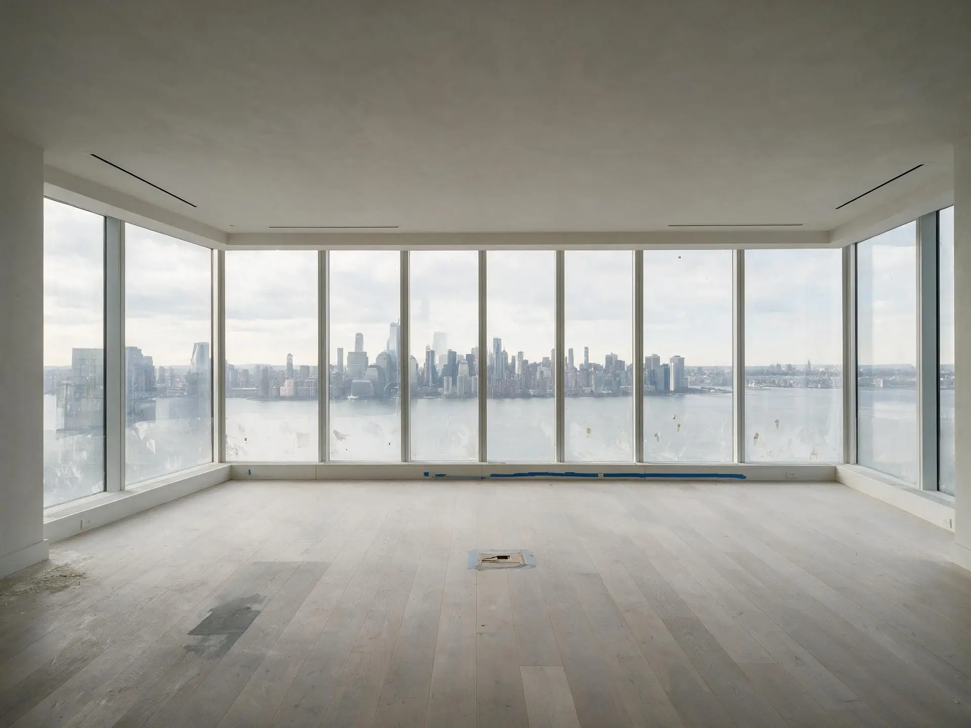 Before and after of an empty Hudson Yards penthouse great room in New York, virtually staged — original listing photo before editing