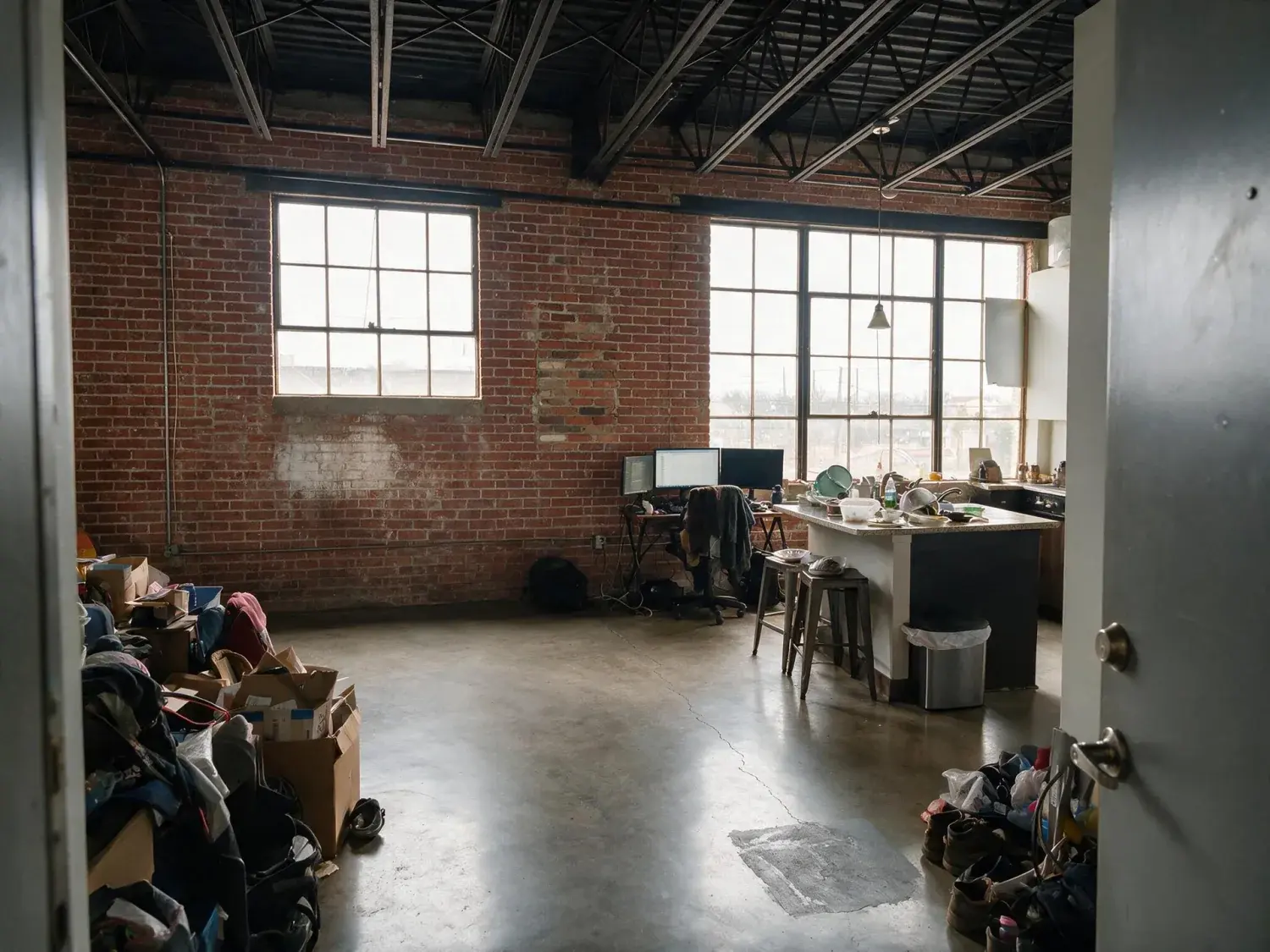 Before and after of a soaring east austin brick-and-steel loft, its raw industrial beauty obscured by tenant clutter and restored to gallery-like calm — enhanced by Plotpane