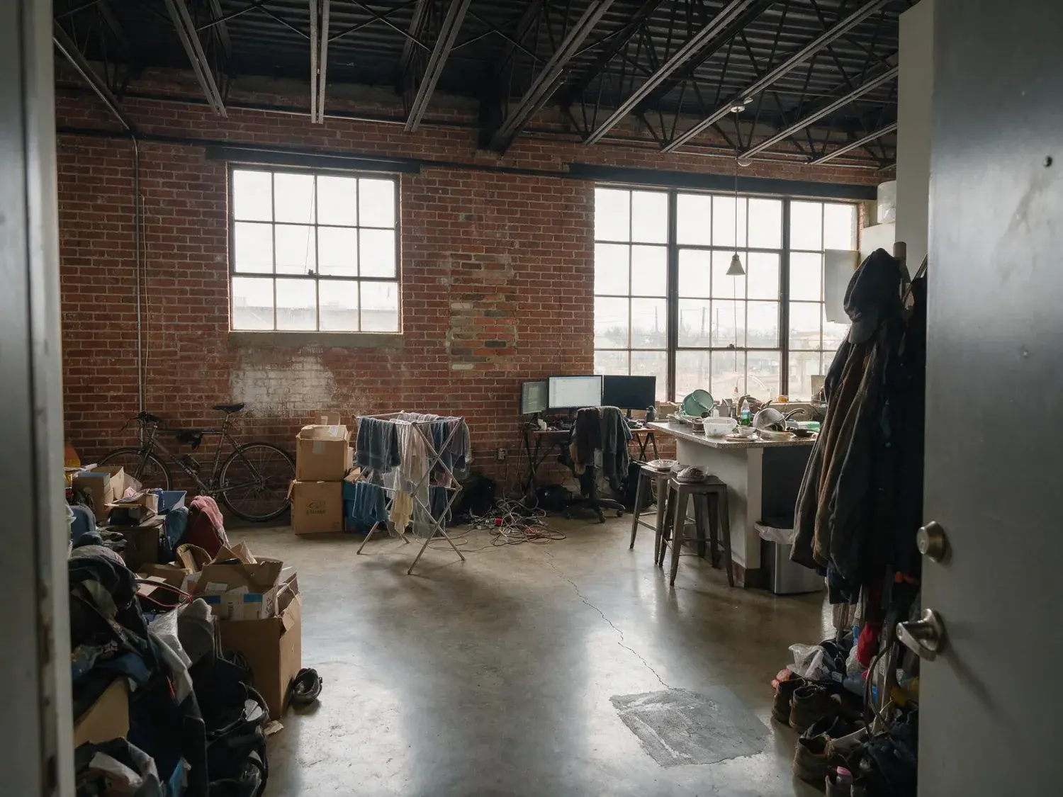 Before and after of a soaring east austin brick-and-steel loft, its raw industrial beauty obscured by tenant clutter and restored to gallery-like calm — original listing photo before editing