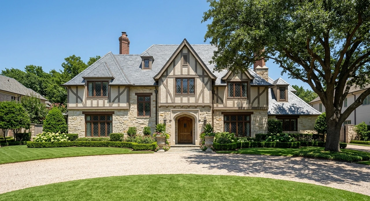 Front exterior of a Highland Park limestone-and-slate tudor estate converted from harsh midday to warm Texas twilight. — original listing photo before editing