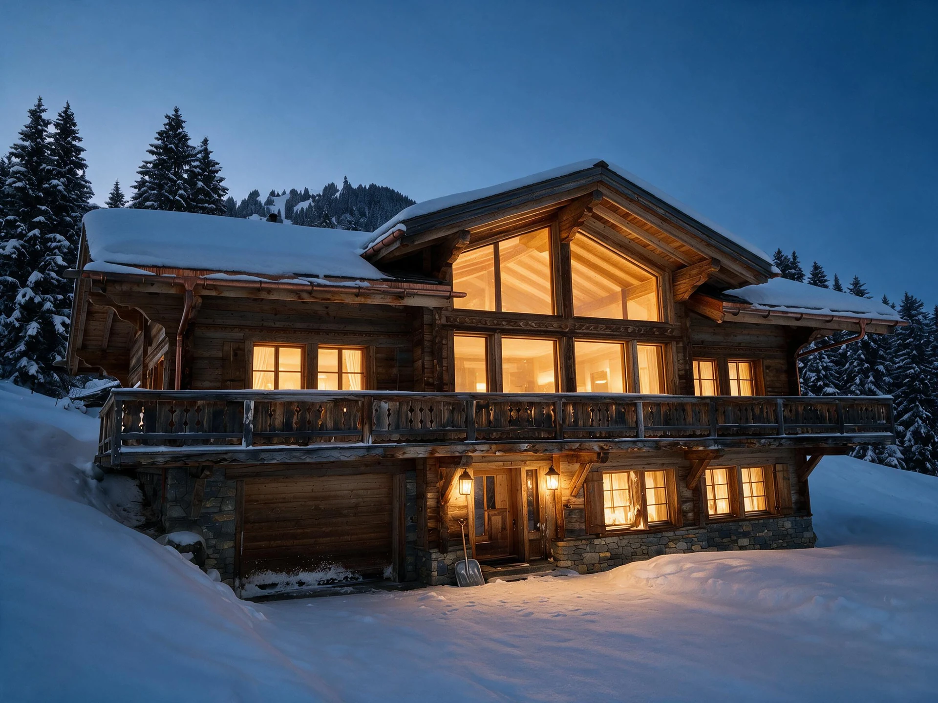 After: the same Gstaad chalet at blue hour, gable windows glowing and the snow tinted blue by the evening sky