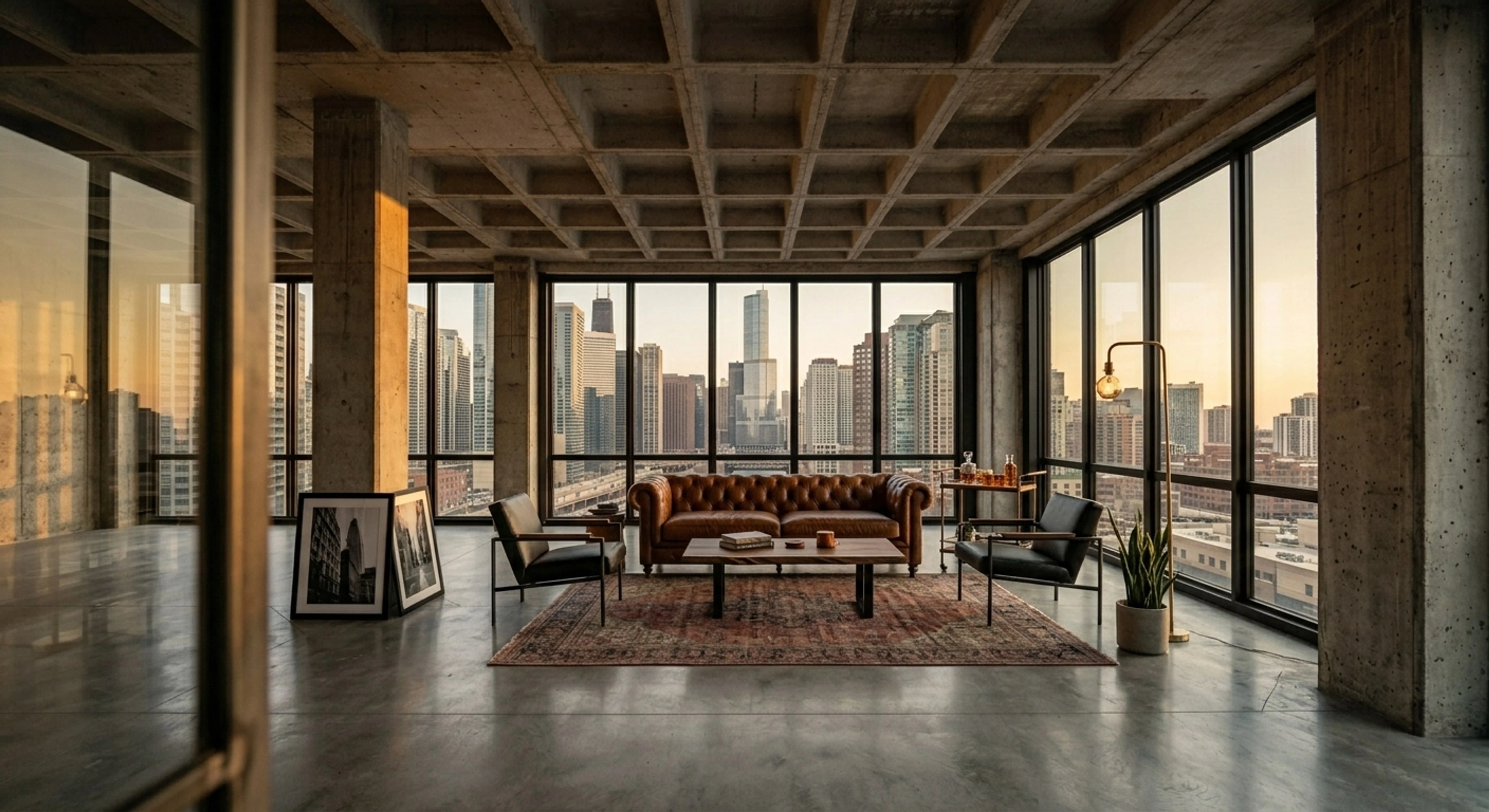 A raw concrete-and-steel Chicago River penthouse, a blank skyline-facing shell transformed into a sophisticated masculine urban retreat. — enhanced by Plotpane