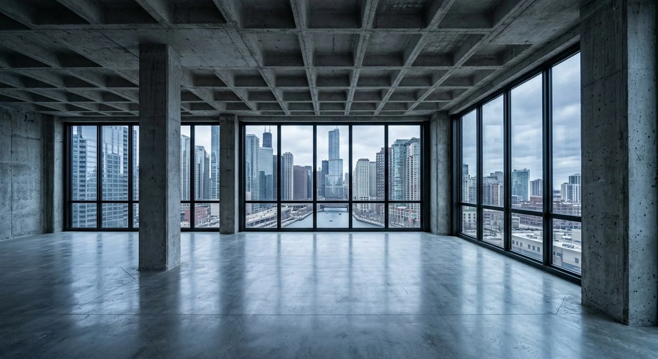 A raw concrete-and-steel Chicago River penthouse, a blank skyline-facing shell transformed into a sophisticated masculine urban retreat. — original listing photo before editing