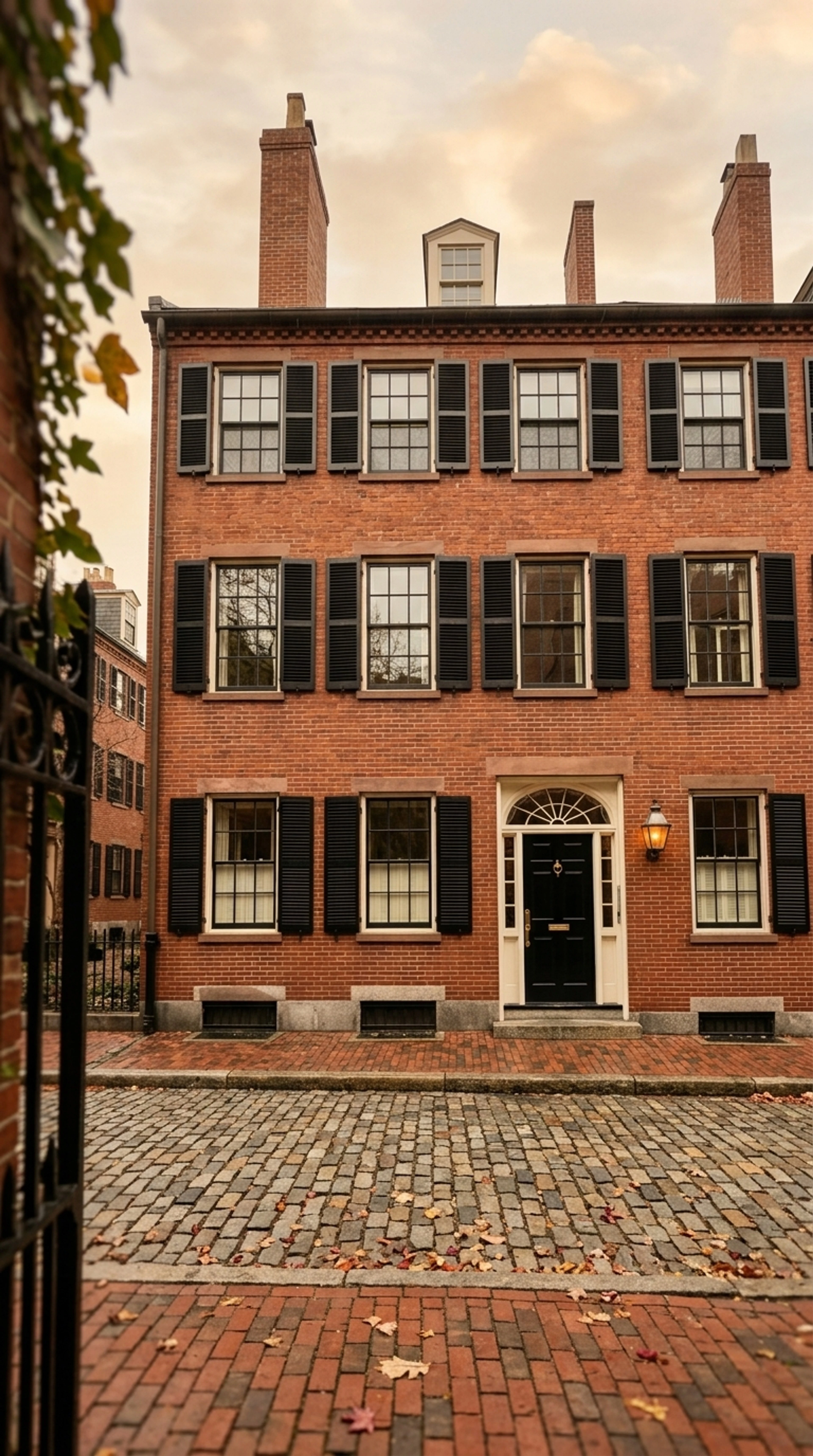 A four-story Beacon Hill Federal townhouse, its leaning phone-shot verticals corrected into a stately symmetrical portrait. — enhanced by Plotpane