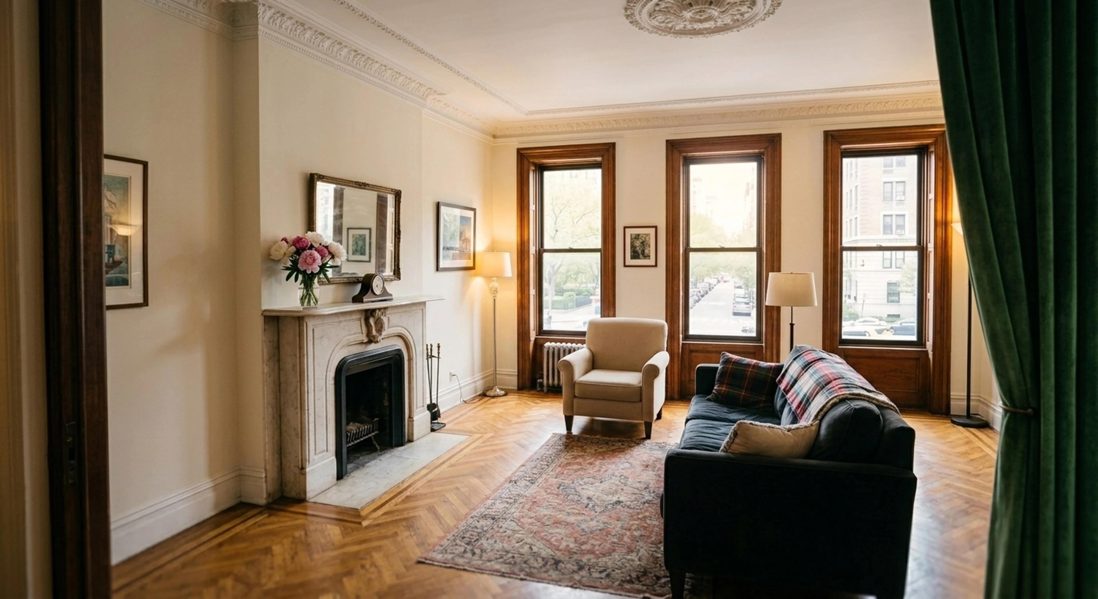 A grand prewar Park Avenue living room with crown moldings and herringbone floors, stripped of a family's lived-in clutter to reveal its bones. — enhanced by Plotpane