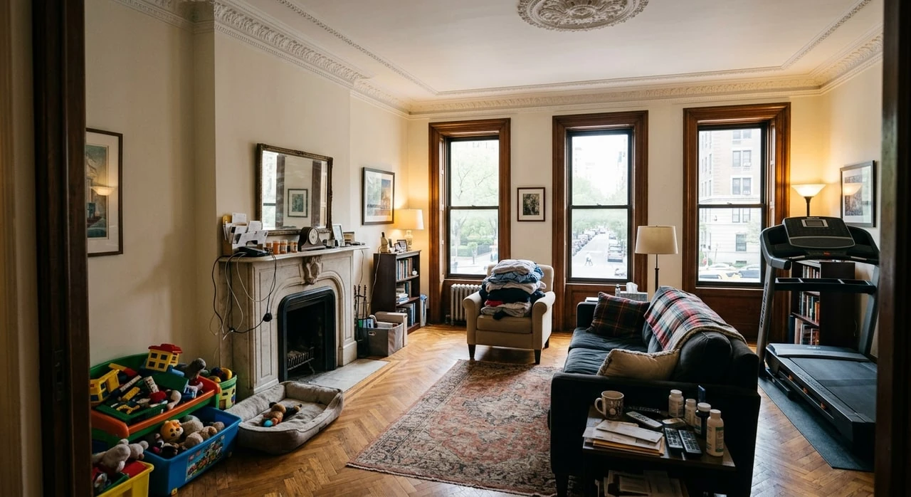 A grand prewar Park Avenue living room with crown moldings and herringbone floors, stripped of a family's lived-in clutter to reveal its bones. — original listing photo before editing