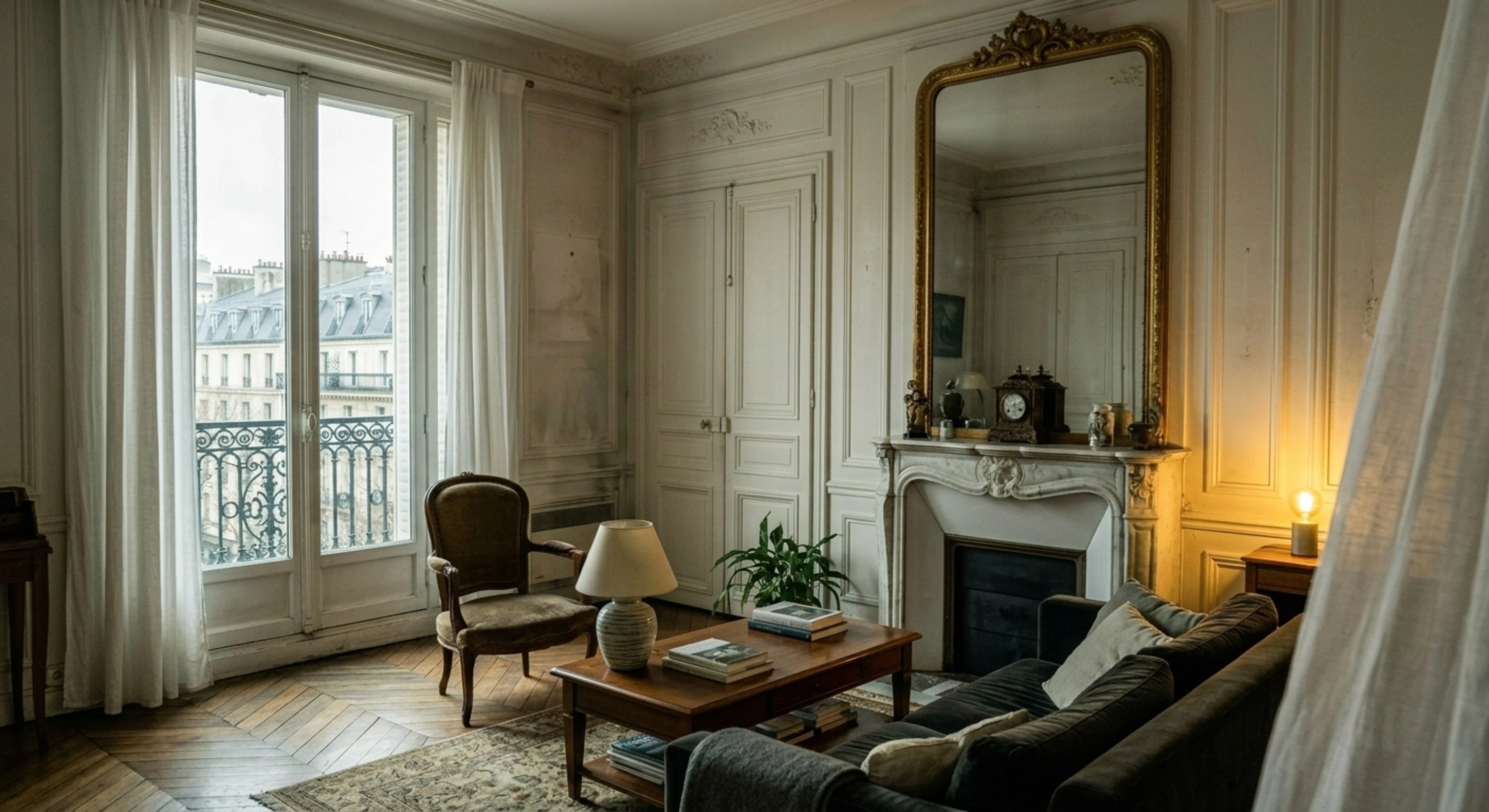 A classic Parisian salon with herringbone parquet and boiserie, lifted from murky underexposure to crisp editorial clarity. — enhanced by Plotpane