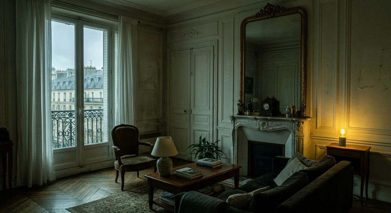 A classic Parisian salon with herringbone parquet and boiserie, lifted from murky underexposure to crisp editorial clarity. — original listing photo before editing