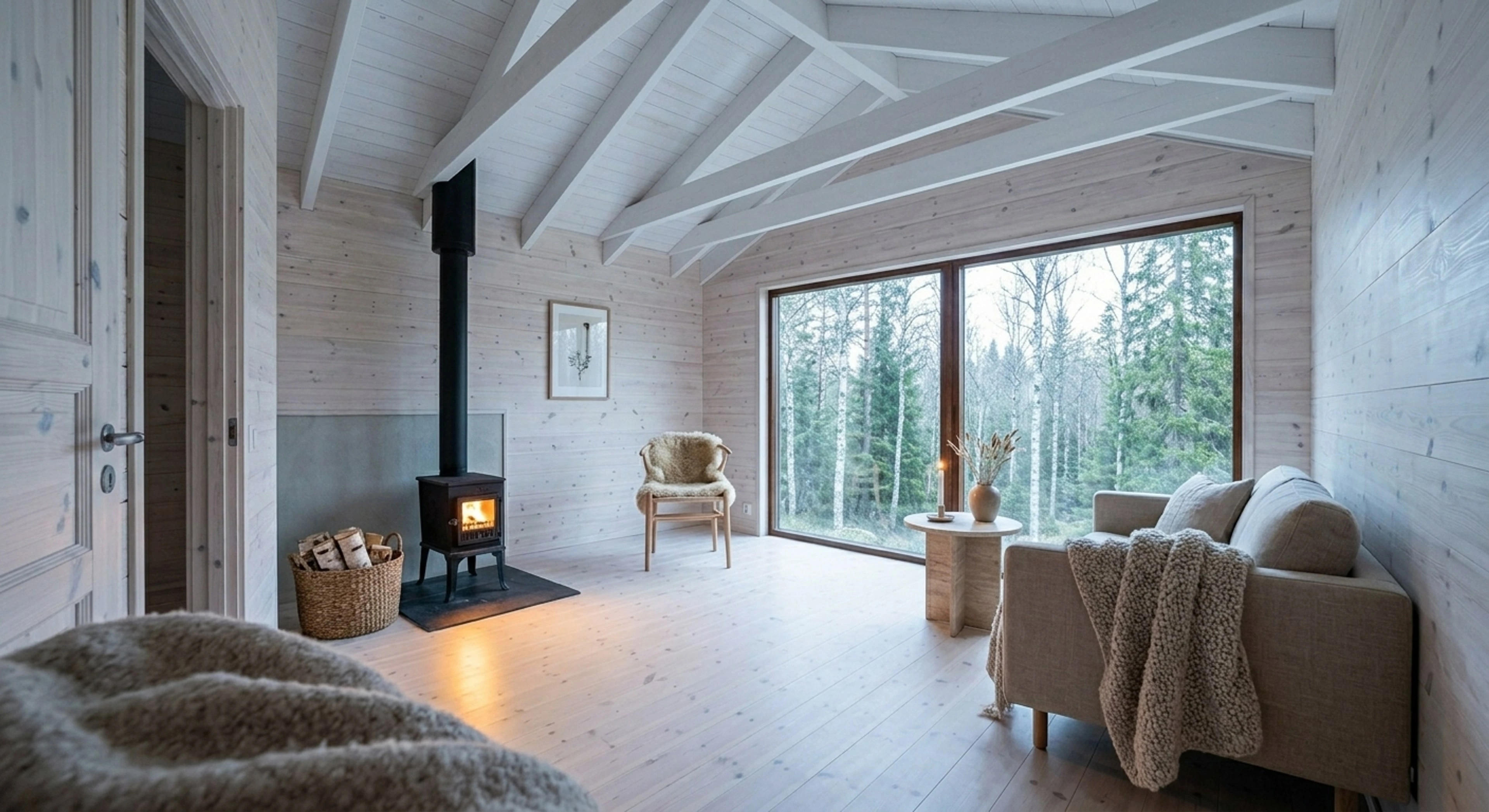 A blackened-larch Scandinavian cabin interior, a blank pale-wood shell transformed into a serene Nordic retreat. — enhanced by Plotpane