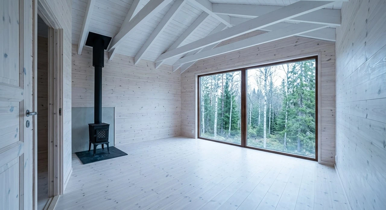 A blackened-larch Scandinavian cabin interior, a blank pale-wood shell transformed into a serene Nordic retreat. — original listing photo before editing