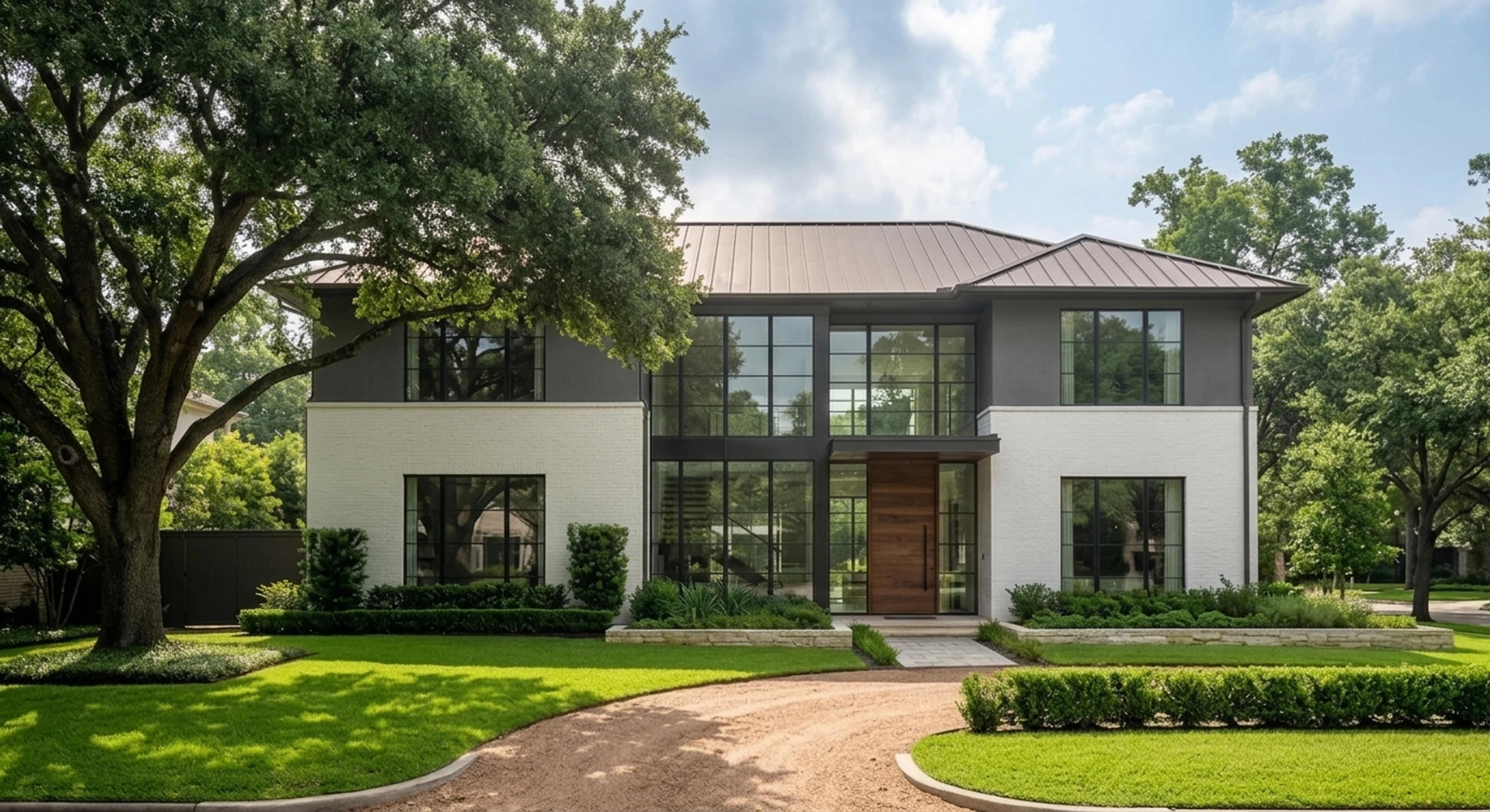 Front exterior of a River Oaks Houston modern estate corrected for humidity haze, shadow-highlight range, and color cast. — enhanced by Plotpane