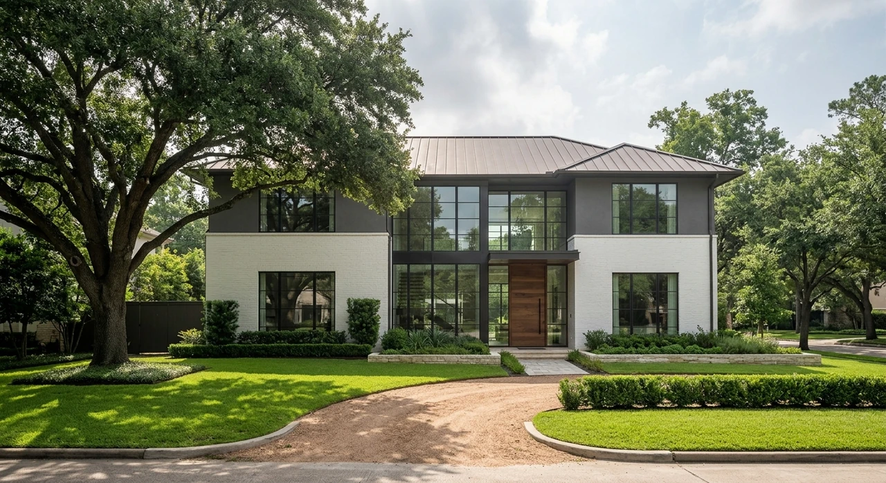 Front exterior of a River Oaks Houston modern estate corrected for humidity haze, shadow-highlight range, and color cast. — original listing photo before editing