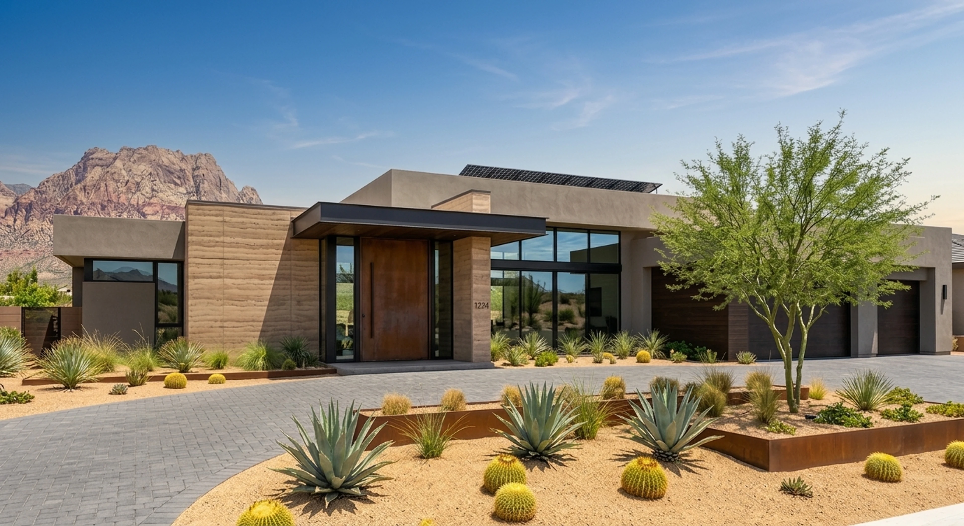 Front exterior of a Summerlin The Ridges desert-modern estate with a blown-out white Mojave sky replaced by natural Nevada desert blue while preserving the Red Rock escarpment silhouette. — enhanced by Plotpane