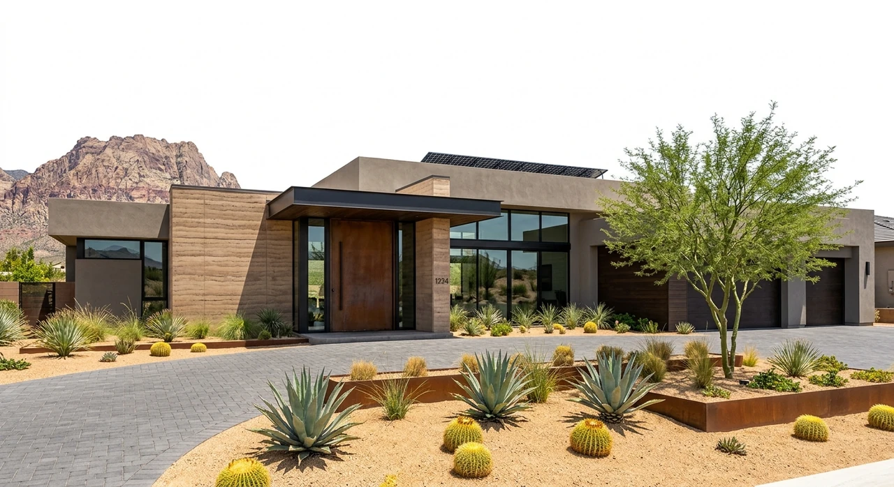 Front exterior of a Summerlin The Ridges desert-modern estate with a blown-out white Mojave sky replaced by natural Nevada desert blue while preserving the Red Rock escarpment silhouette. — original listing photo before editing