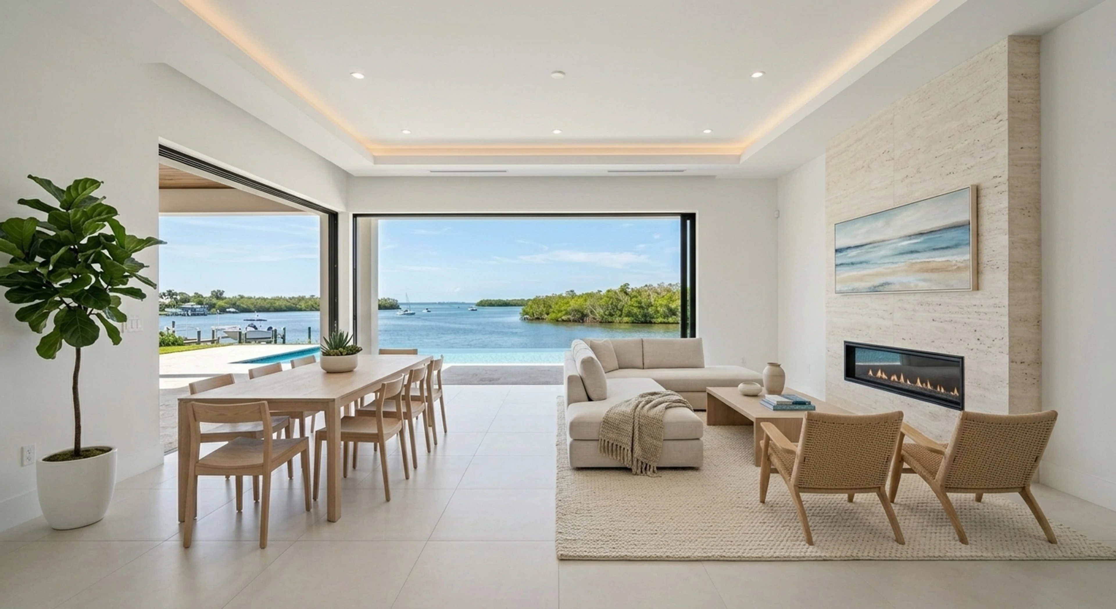 Empty Port Royal waterfront contemporary great room virtually staged with coastal-modern furniture while preserving the Gordon Pass water view. — enhanced by Plotpane