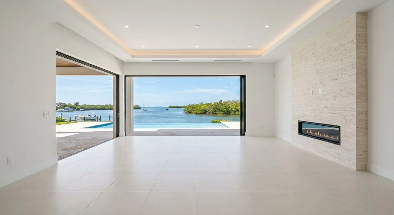 Empty Port Royal waterfront contemporary great room virtually staged with coastal-modern furniture while preserving the Gordon Pass water view. — original listing photo before editing