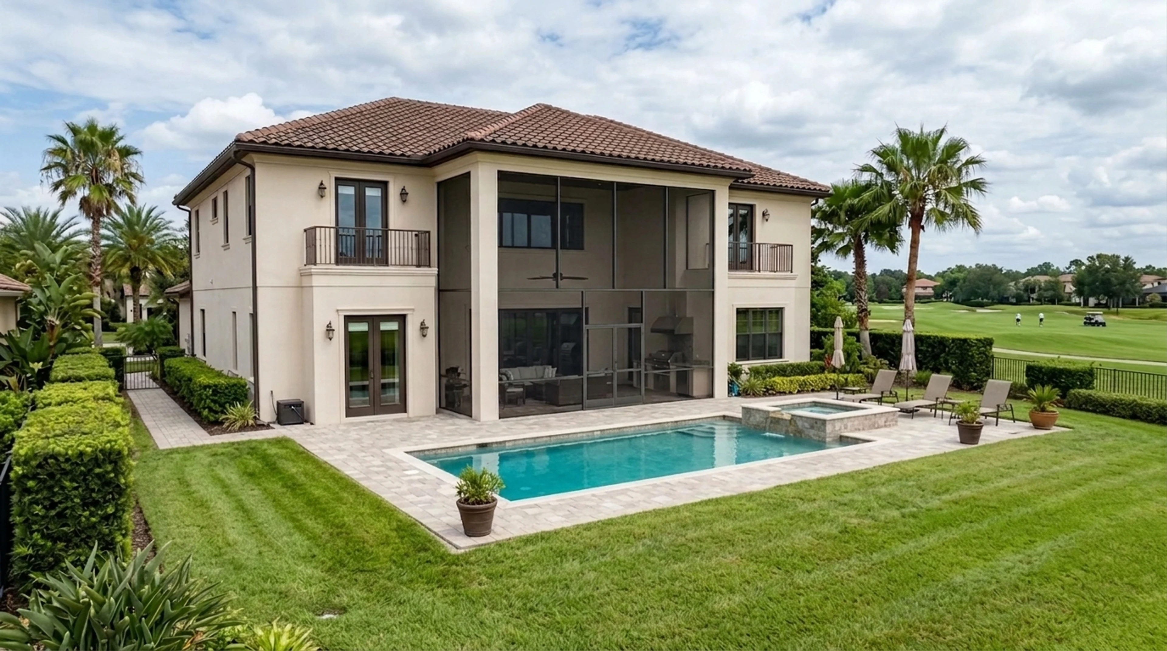 Rear exterior of a Lake Nona Golf & Country Club estate with heat-stressed St. Augustine lawn and green-tinged pool recovered to healthy turf and clear Caribbean-blue water. — enhanced by Plotpane