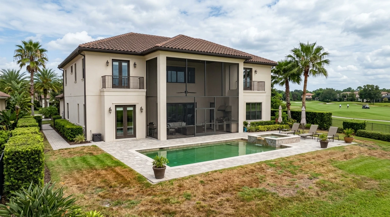 Rear exterior of a Lake Nona Golf & Country Club estate with heat-stressed St. Augustine lawn and green-tinged pool recovered to healthy turf and clear Caribbean-blue water. — original listing photo before editing