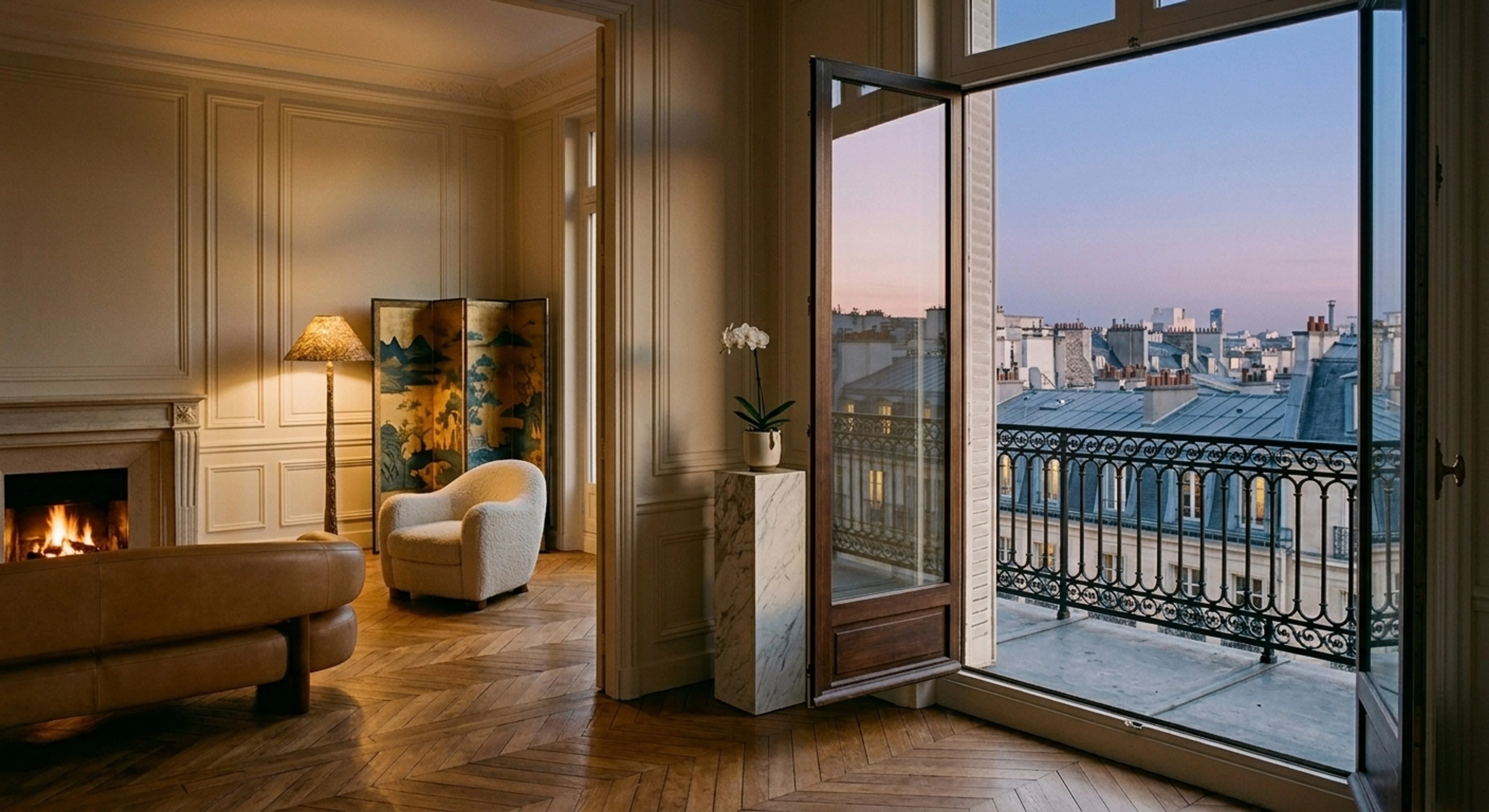 A Haussmannian penthouse on Avenue Montaigne slides from afternoon into a Paris blue hour, its zinc-roof horizon studded with existing landmarks waking up. — enhanced by Plotpane