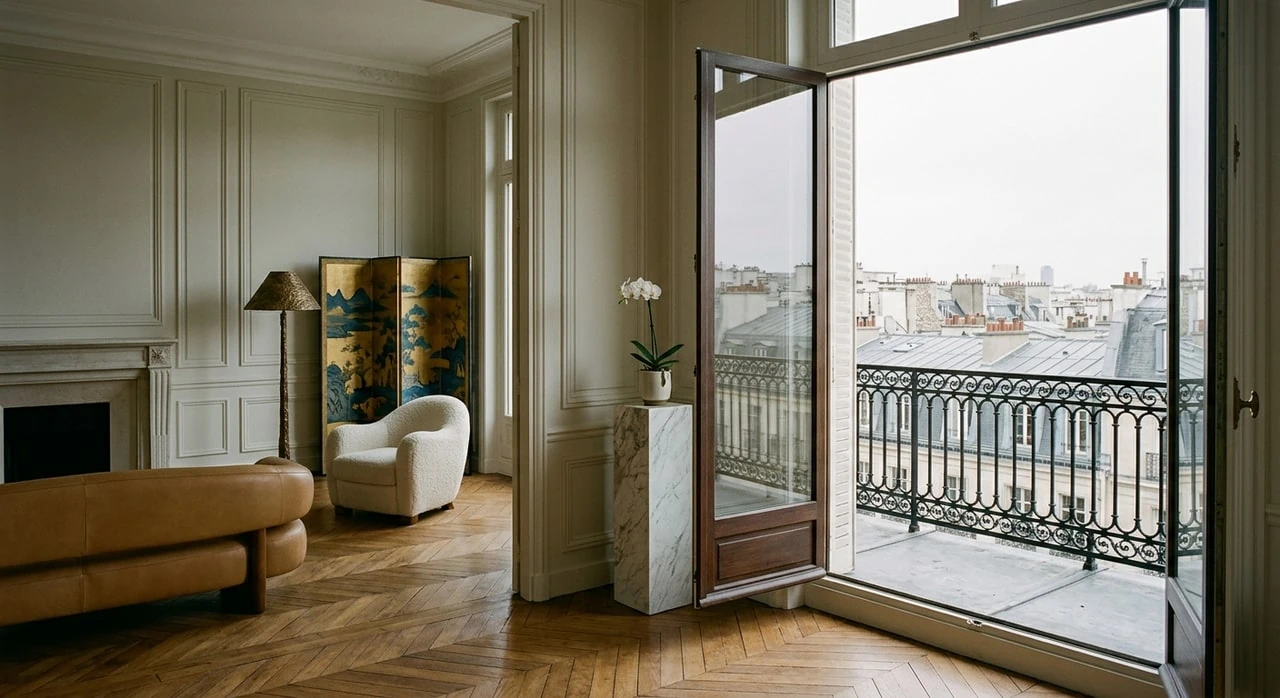 A Haussmannian penthouse on Avenue Montaigne slides from afternoon into a Paris blue hour, its zinc-roof horizon studded with existing landmarks waking up. — original listing photo before editing