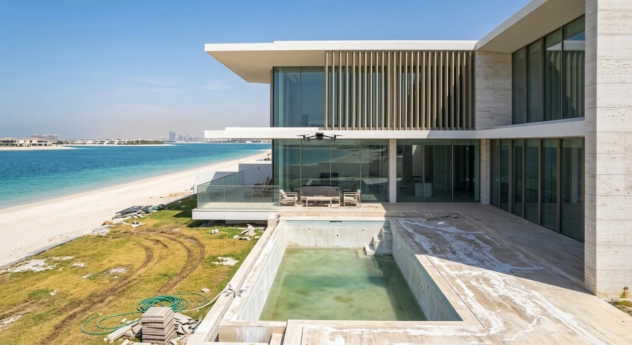 A contemporary white villa on the tip of a Palm Jebel Ali frond, its infinity pool meeting the Arabian Gulf in a single seamless plane. — original listing photo before editing