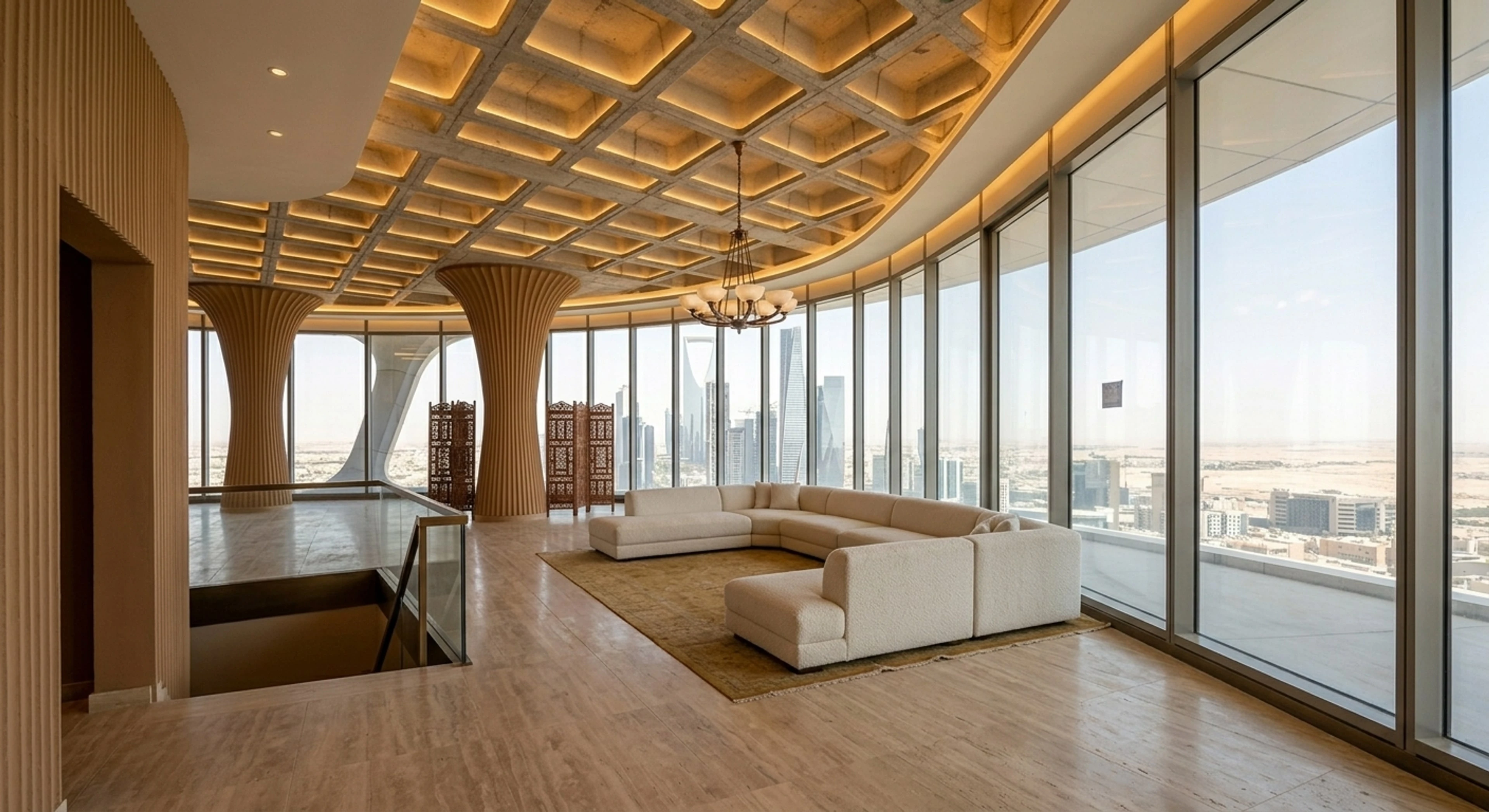 A penthouse crowning a parametric KAFD tower in Riyadh, its living core reimagined from bare concrete shell into a Najdi-modernist salon. — enhanced by Plotpane