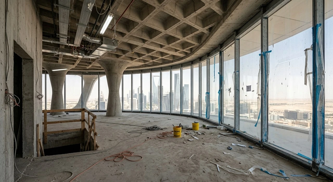 A penthouse crowning a parametric KAFD tower in Riyadh, its living core reimagined from bare concrete shell into a Najdi-modernist salon. — original listing photo before editing
