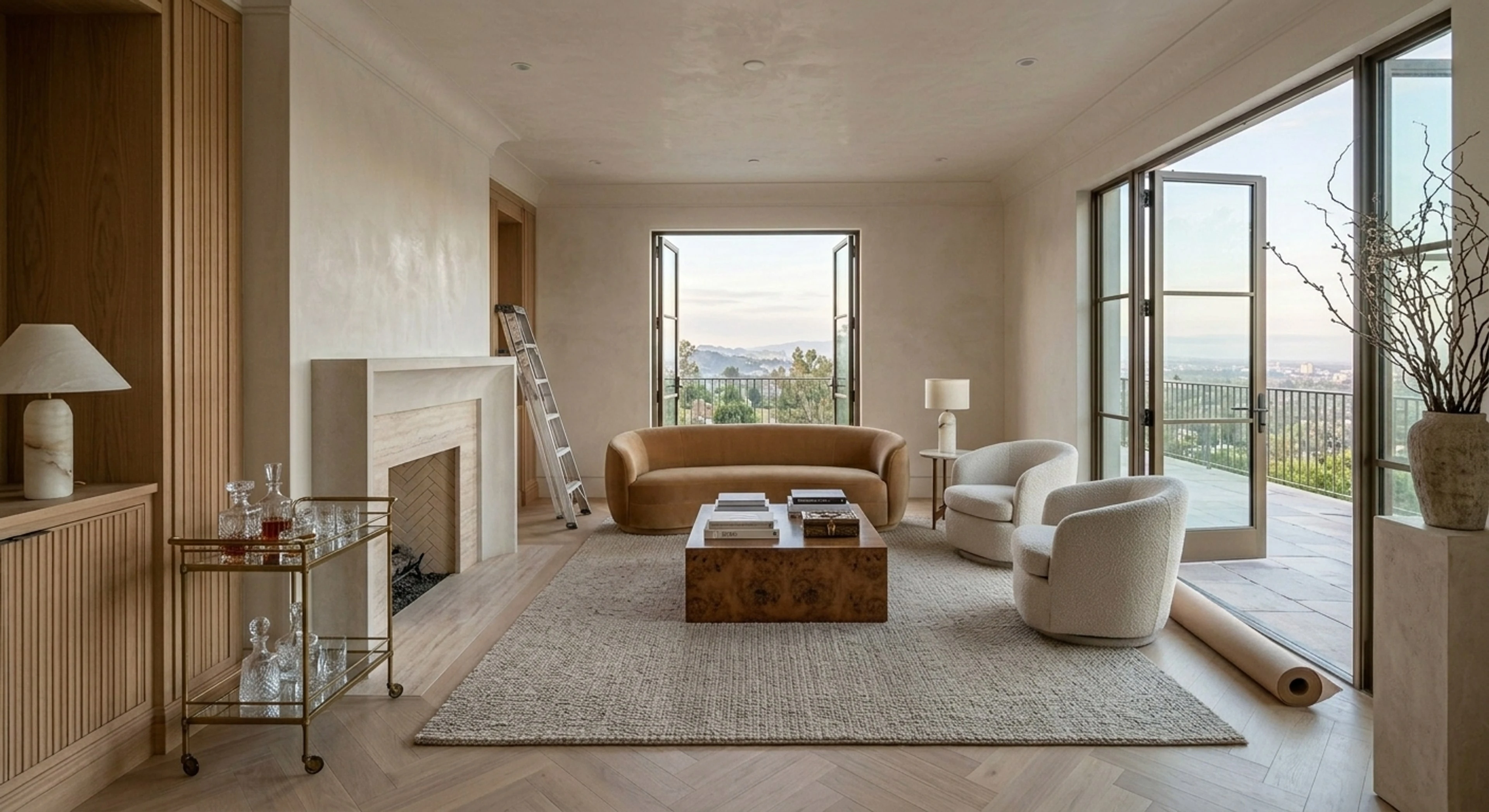 An empty Rosewood signature suite is dressed into a residential club salon, its terrace doors flung open to a distant existing view. — enhanced by Plotpane
