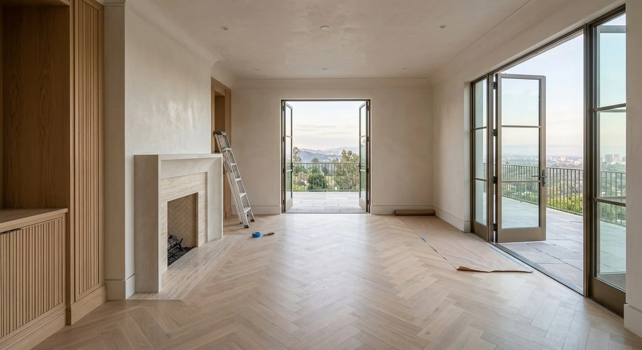 An empty Rosewood signature suite is dressed into a residential club salon, its terrace doors flung open to a distant existing view. — original listing photo before editing