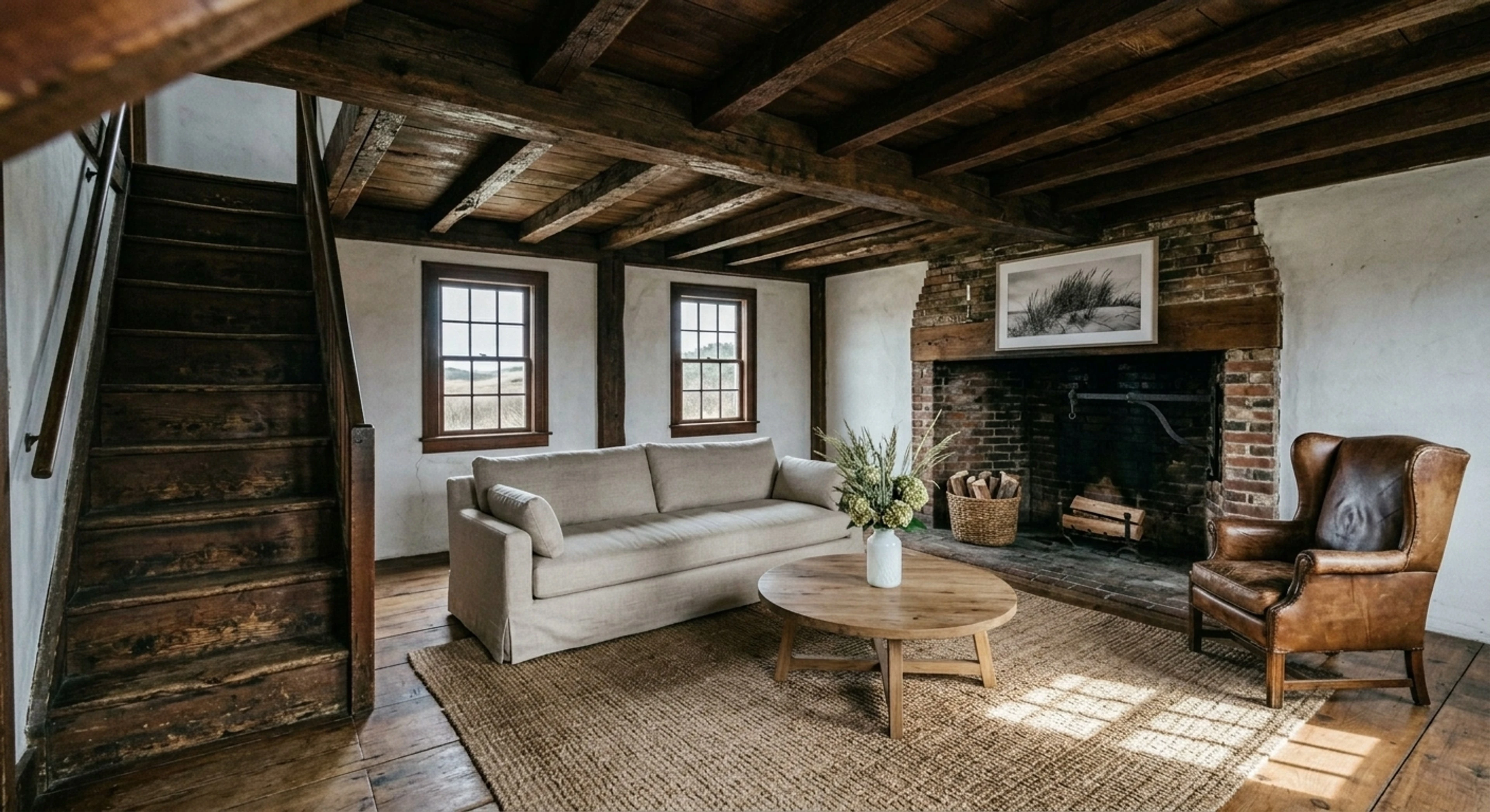 A 1780s Cape Cod saltbox with hand-hewn beams and original hearth, an empty shell transformed into the exact coastal-editorial look that books nightly at a premium. — enhanced by Plotpane