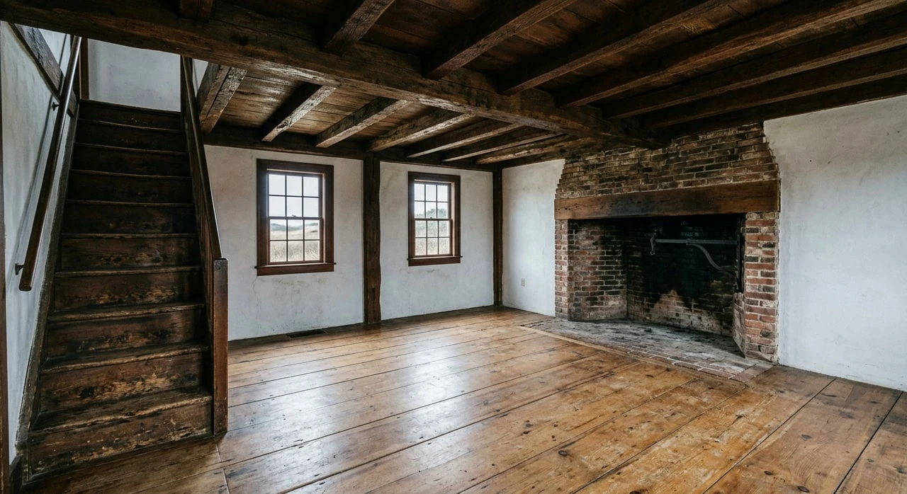 A 1780s Cape Cod saltbox with hand-hewn beams and original hearth, an empty shell transformed into the exact coastal-editorial look that books nightly at a premium. — original listing photo before editing