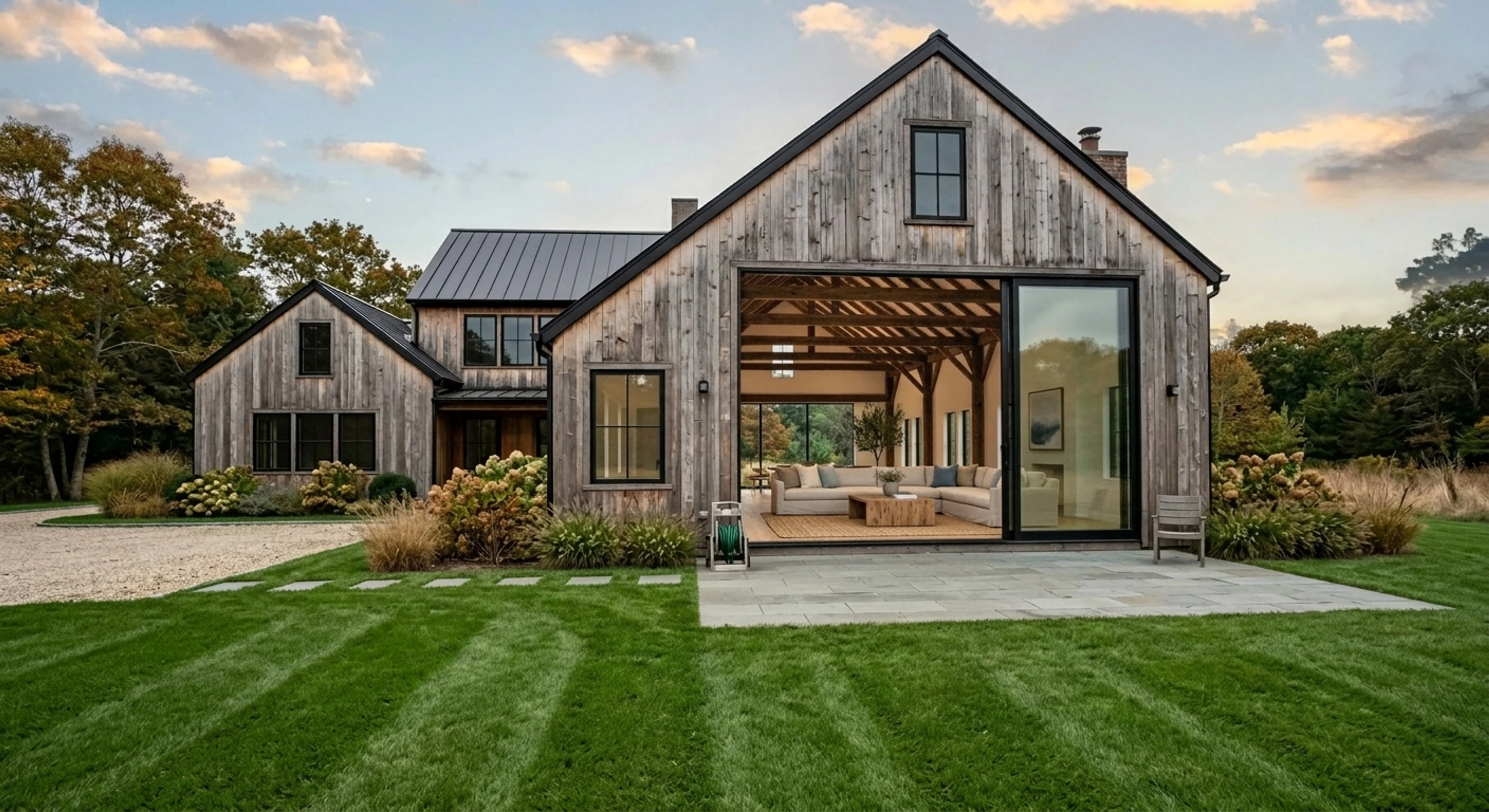 A $12M Bridgehampton modern-barn estate where Virtual Staging AI could stage the living room but couldn't fix the gray sky, brown lawn, or the hose coiled on the patio. — enhanced by Plotpane