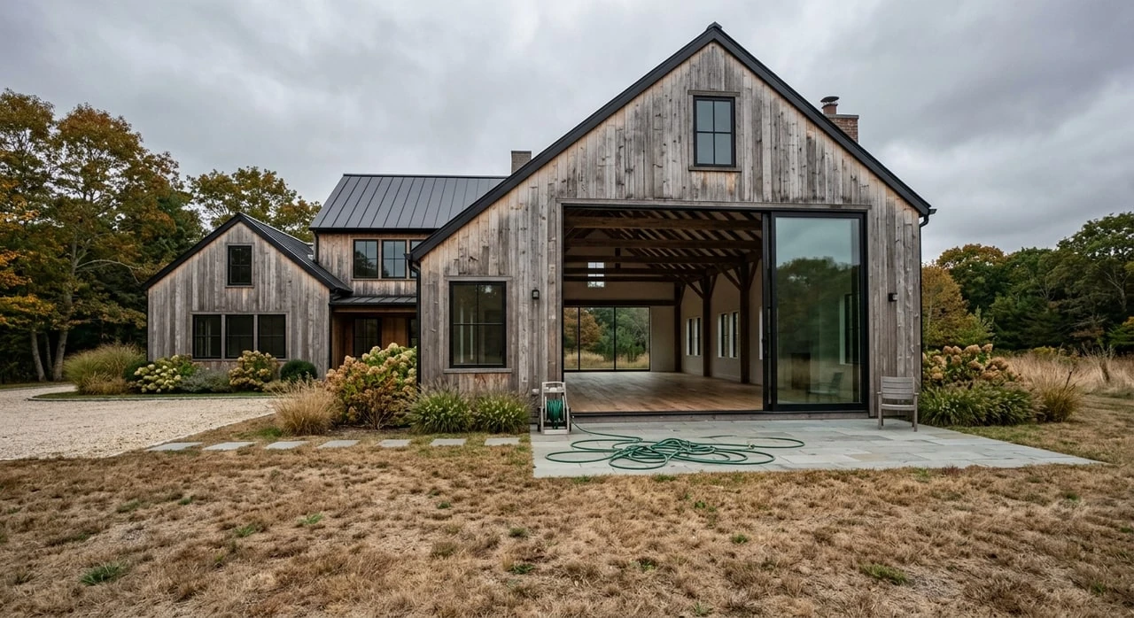 A $12M Bridgehampton modern-barn estate where Virtual Staging AI could stage the living room but couldn't fix the gray sky, brown lawn, or the hose coiled on the patio. — original listing photo before editing