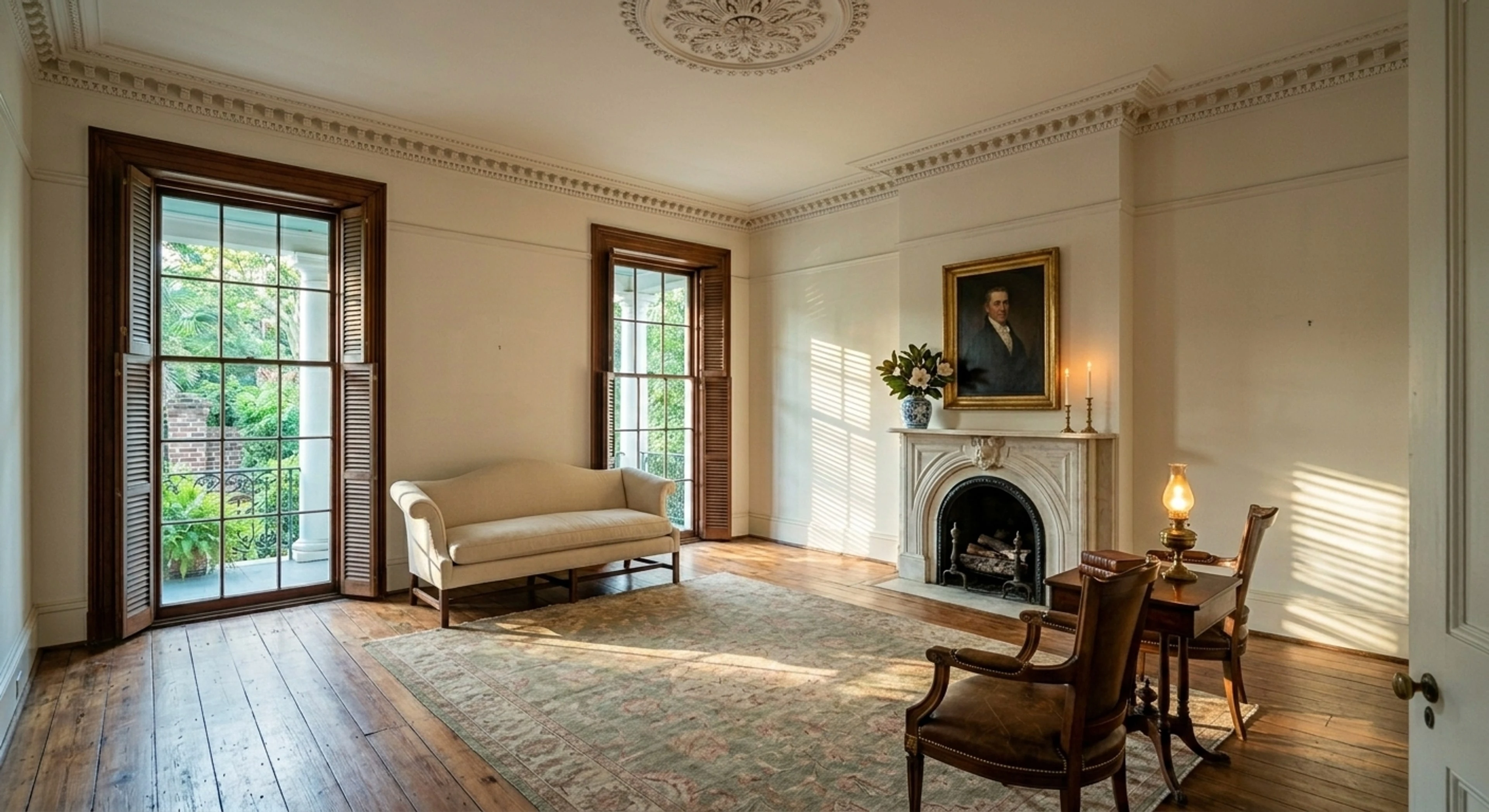 A South of Broad Charleston single house with a double piazza, its formal drawing room emptied and waiting for a designer's five-direction pitch. — enhanced by Plotpane