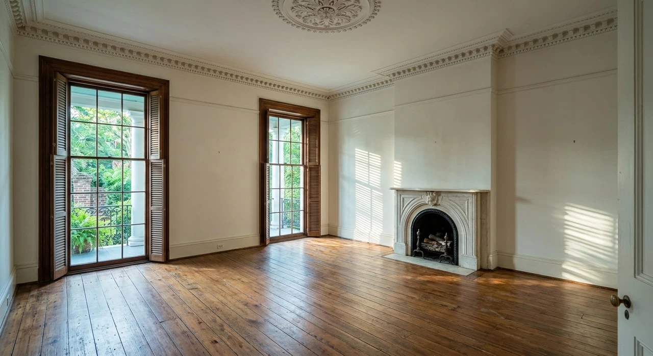 A South of Broad Charleston single house with a double piazza, its formal drawing room emptied and waiting for a designer's five-direction pitch. — original listing photo before editing
