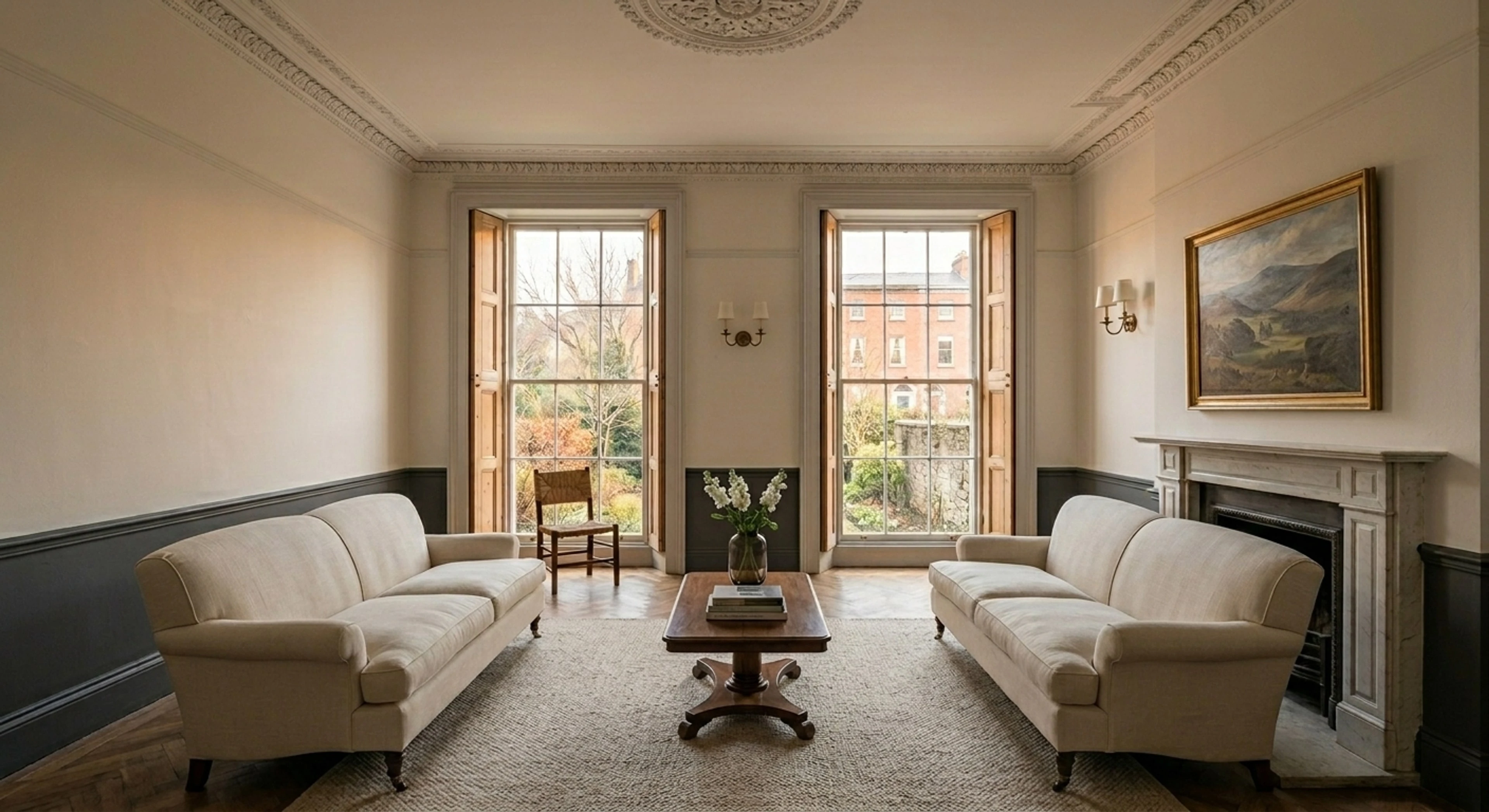 A vacant principal drawing room in a Ballsbridge Georgian townhouse staged into the House & Home Ireland cover hero. — enhanced by Plotpane