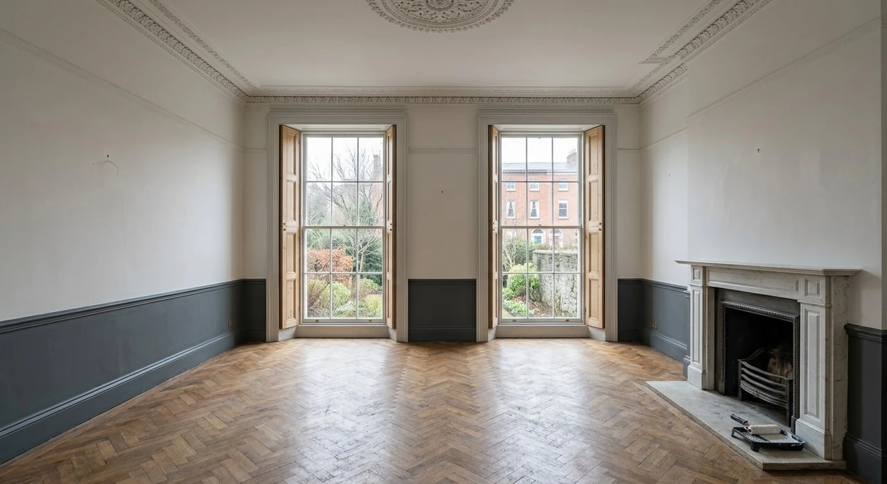 A vacant principal drawing room in a Ballsbridge Georgian townhouse staged into the House & Home Ireland cover hero. — original listing photo before editing