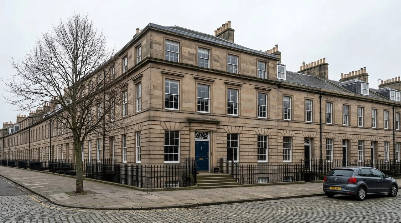 A north-facing Craigleith-sandstone Georgian terrace in Edinburgh's New Town, captured flat and grey, relit to civil twilight. — original listing photo before editing