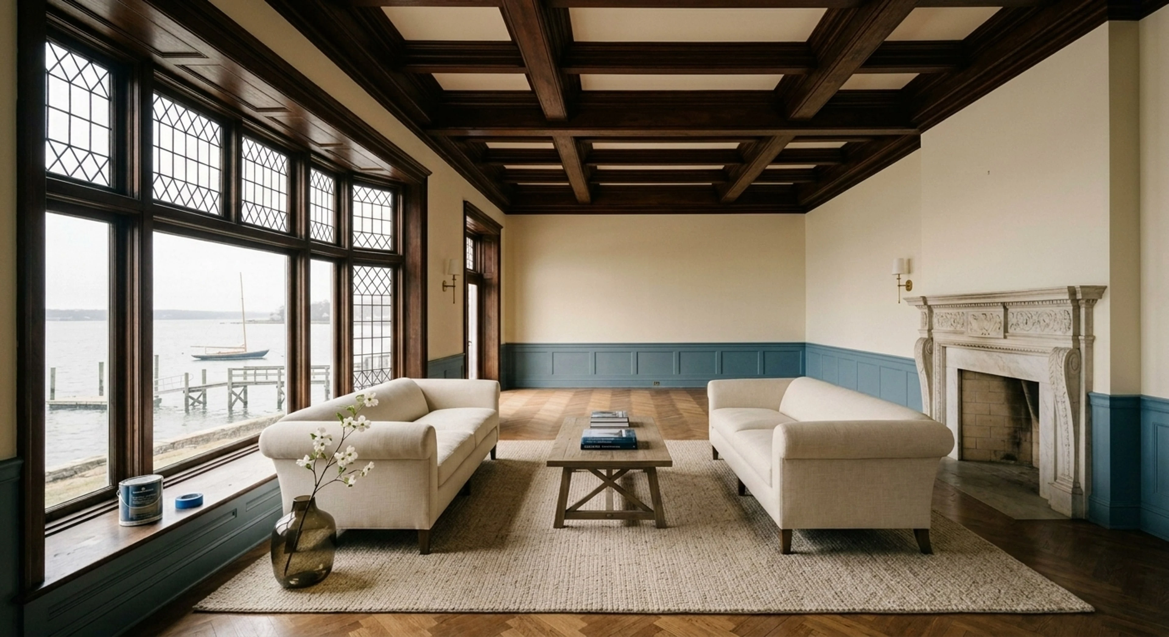 A fully vacant Belle Haven shingle-style waterfront drawing room — echoing empty — transforms into a warm, transitional-coastal family room staged for a $14M listing cover shot. — enhanced by Plotpane