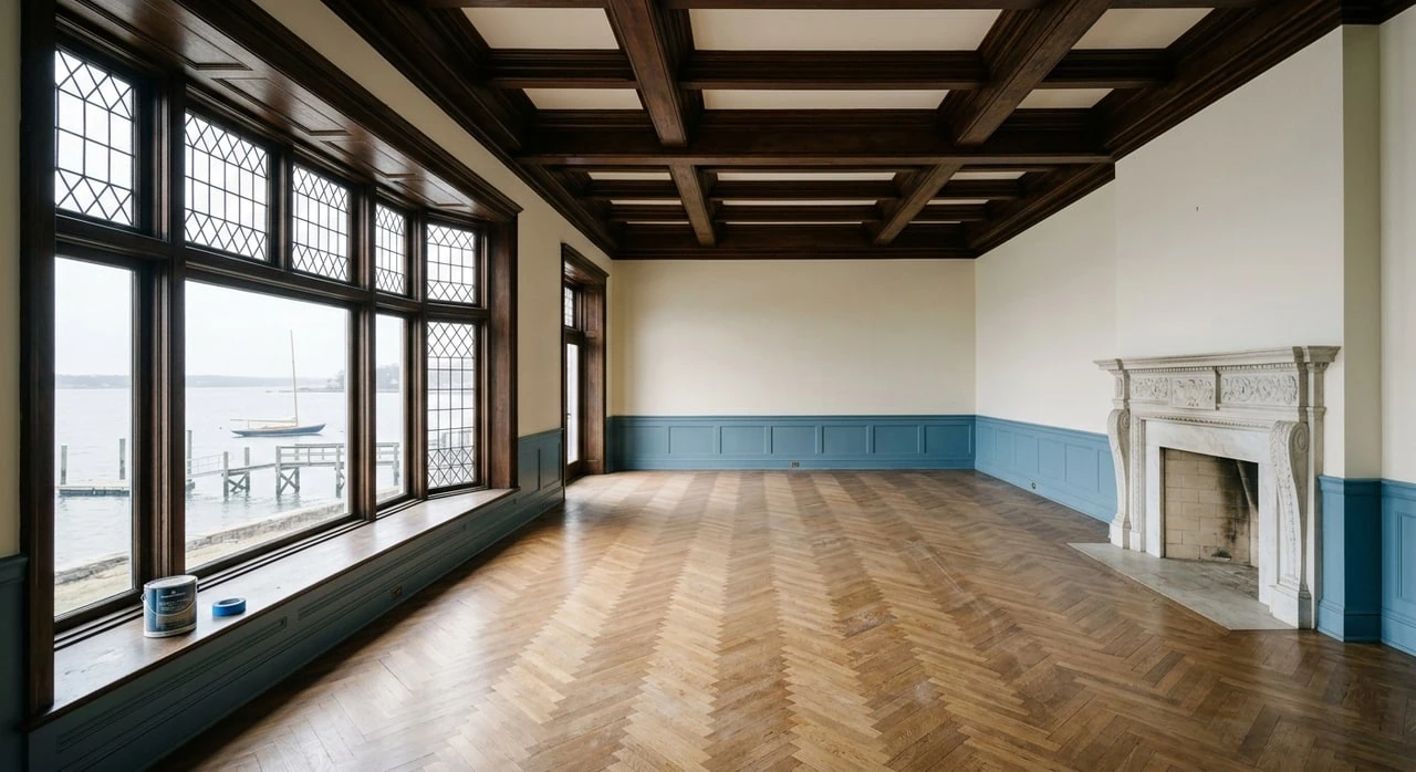 A fully vacant Belle Haven shingle-style waterfront drawing room — echoing empty — transforms into a warm, transitional-coastal family room staged for a $14M listing cover shot. — original listing photo before editing