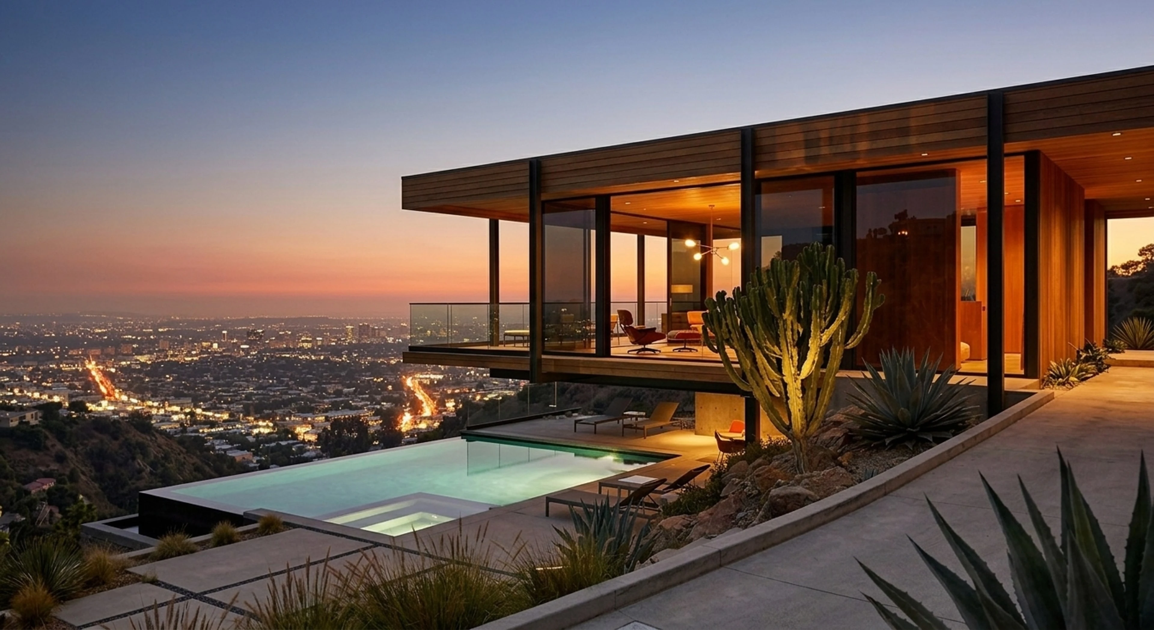 A Neutra-inflected Bird Streets cantilever spreads over the city-lights carpet below — flipped from hard midday glare to a Slim Aarons-register twilight. — enhanced by Plotpane