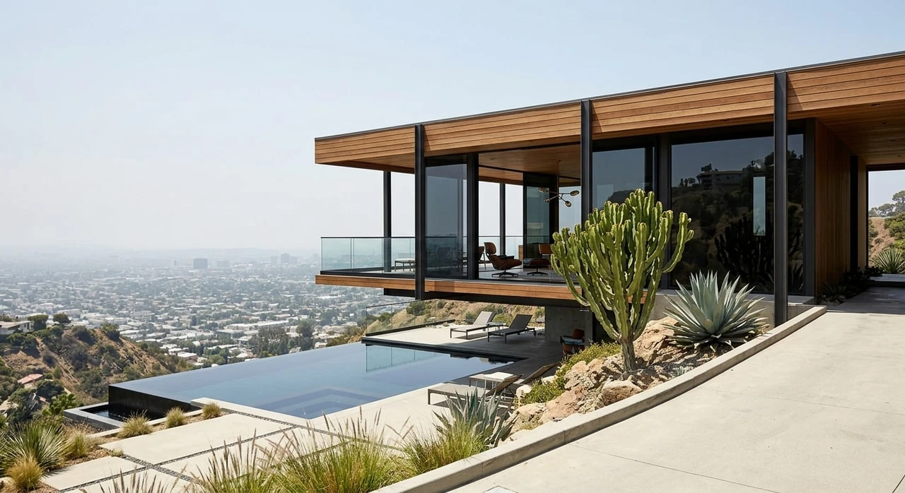 A Neutra-inflected Bird Streets cantilever spreads over the city-lights carpet below — flipped from hard midday glare to a Slim Aarons-register twilight. — original listing photo before editing