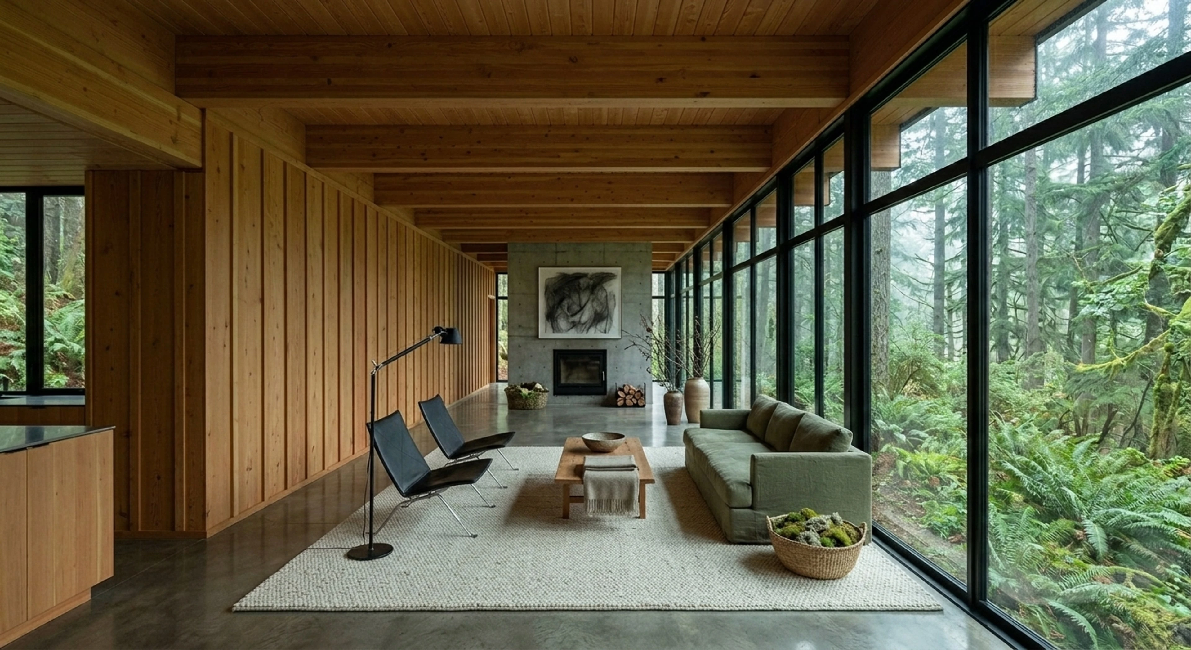 A moss-roofed Portland forest modernist tucked into Douglas-fir — an empty live/work shell transformed into the understated Northwest editorial register. — enhanced by Plotpane