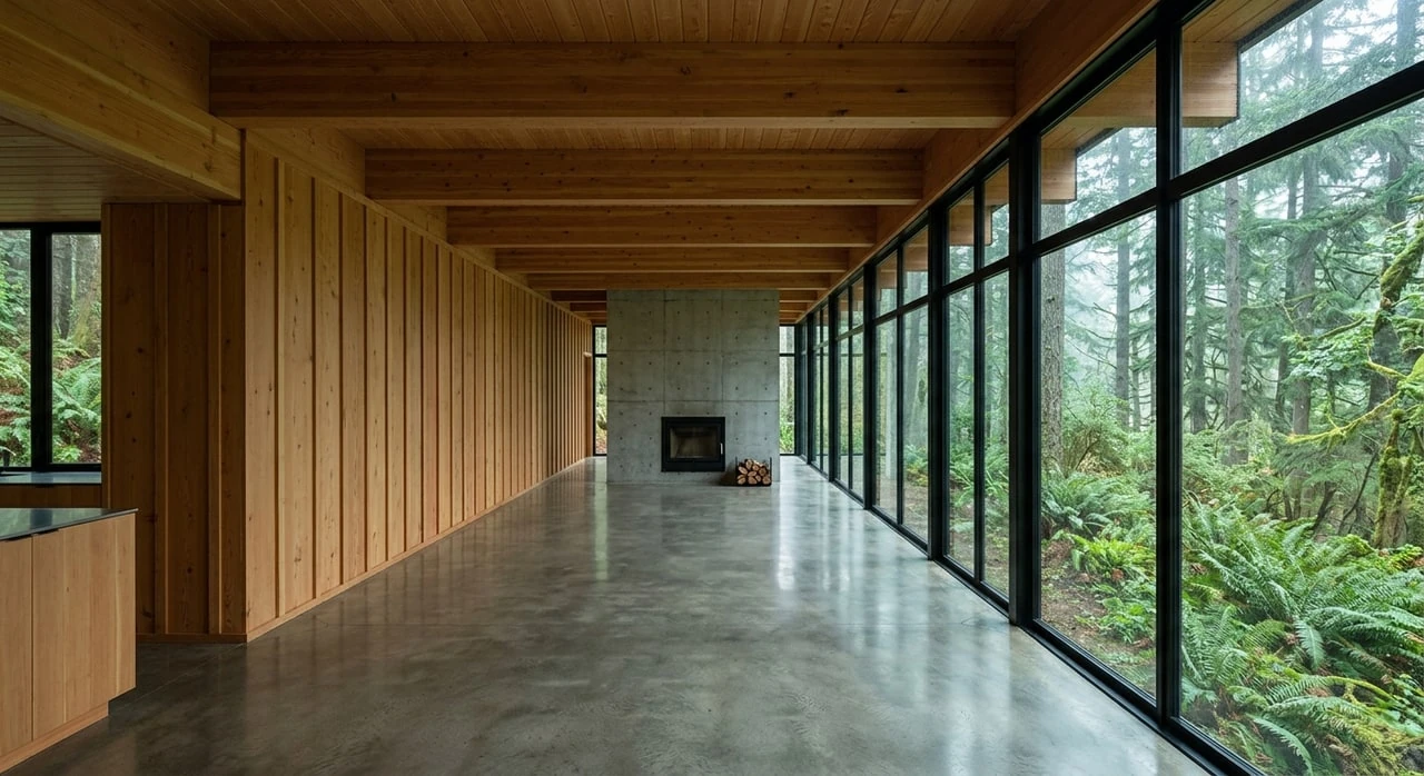 A moss-roofed Portland forest modernist tucked into Douglas-fir — an empty live/work shell transformed into the understated Northwest editorial register. — original listing photo before editing