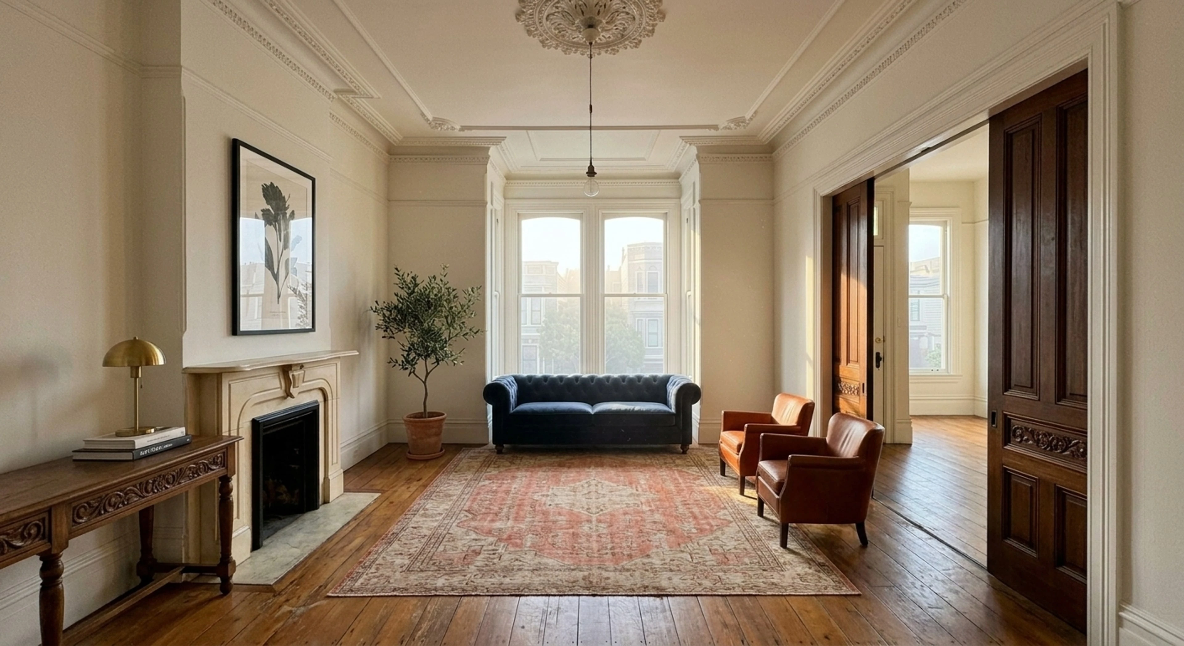 A double-parlor Nob Hill Victorian with original plaster, pocket doors and bay window — emptied to its historic bones and waiting to be furnished. — enhanced by Plotpane