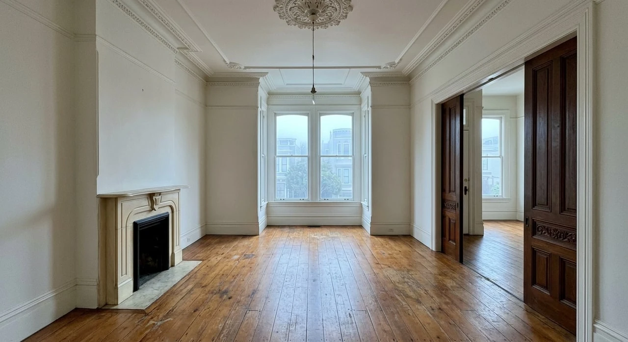 A double-parlor Nob Hill Victorian with original plaster, pocket doors and bay window — emptied to its historic bones and waiting to be furnished. — original listing photo before editing