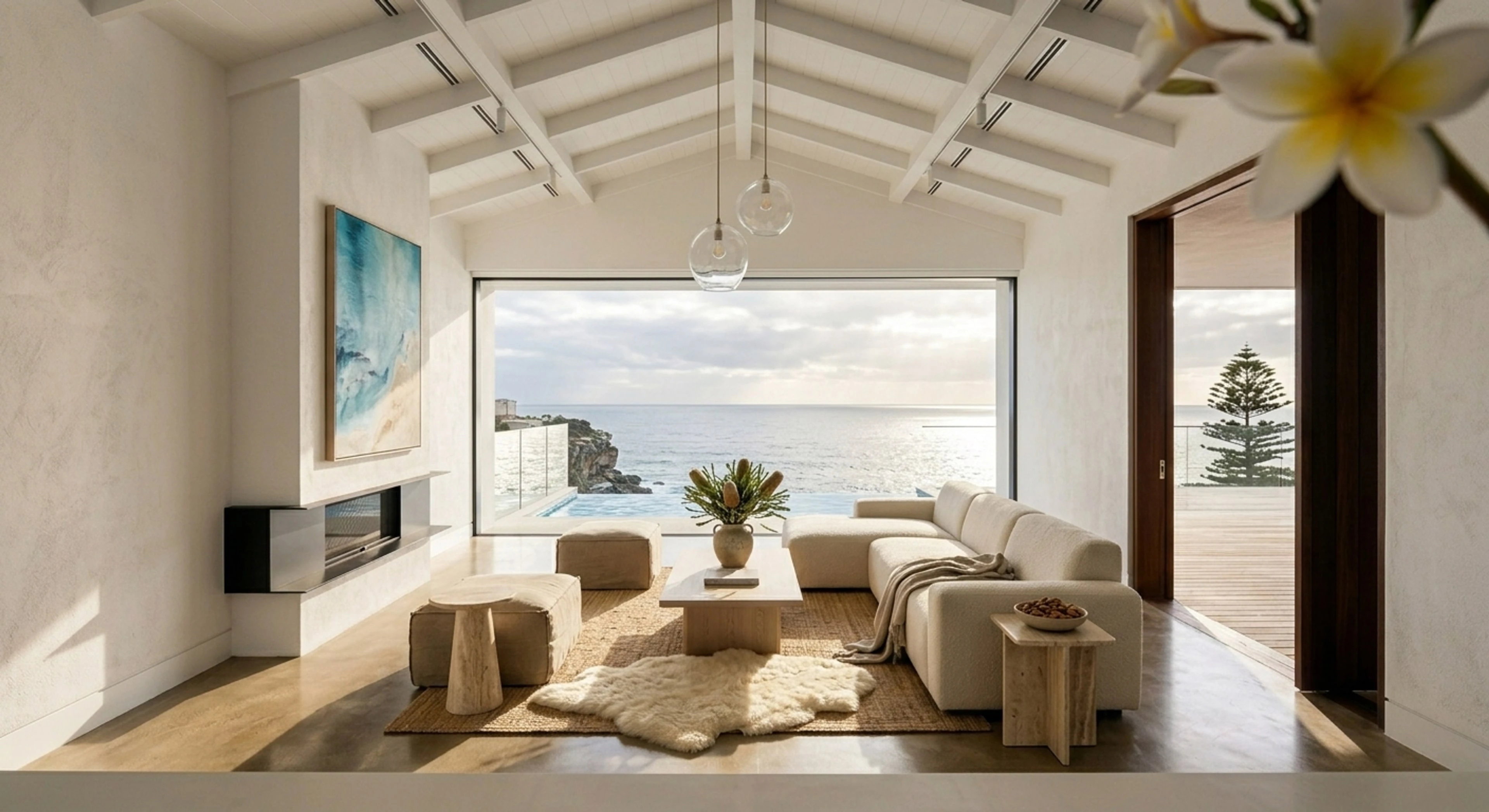 A white-stucco Bondi cliff-top modernist with a full wall of ocean glass — empty for auction campaign photos and staged into the exact Domain / realestate.com.au hero the Saturday crowd is scrolling. — enhanced by Plotpane