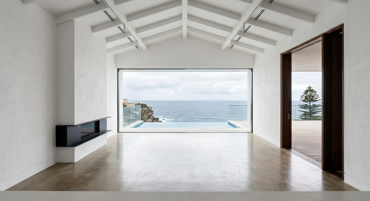 A white-stucco Bondi cliff-top modernist with a full wall of ocean glass — empty for auction campaign photos and staged into the exact Domain / realestate.com.au hero the Saturday crowd is scrolling. — original listing photo before editing